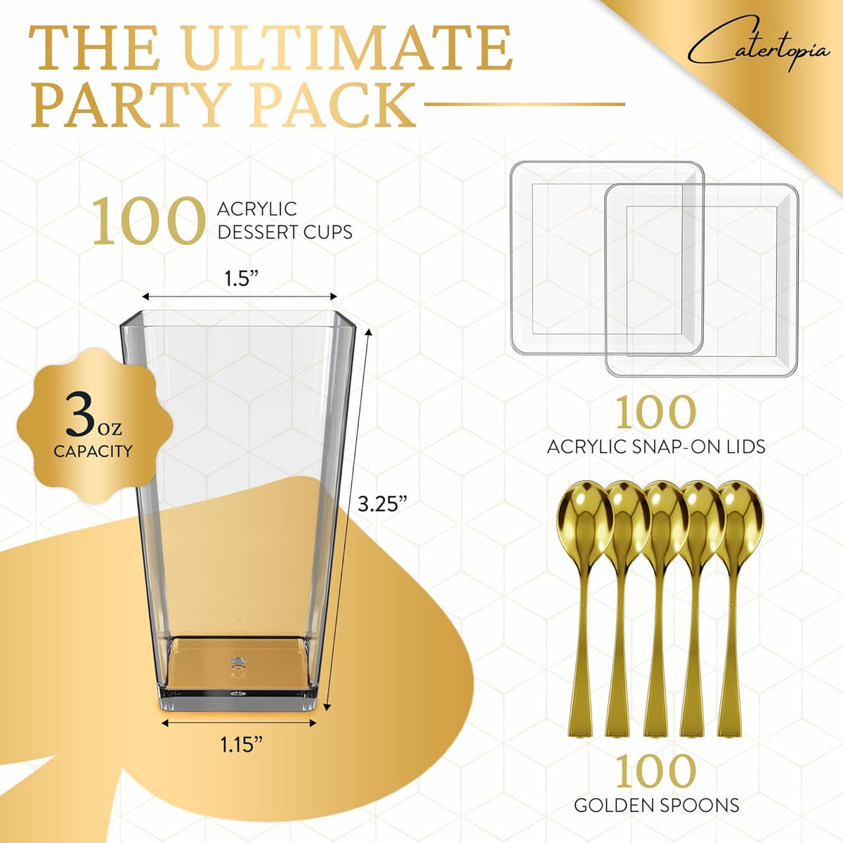 100 Pack 3 oz Mini Dessert Cups with Lids and Spoons (Gold Spoons) - Plastic Shooter Appetizer