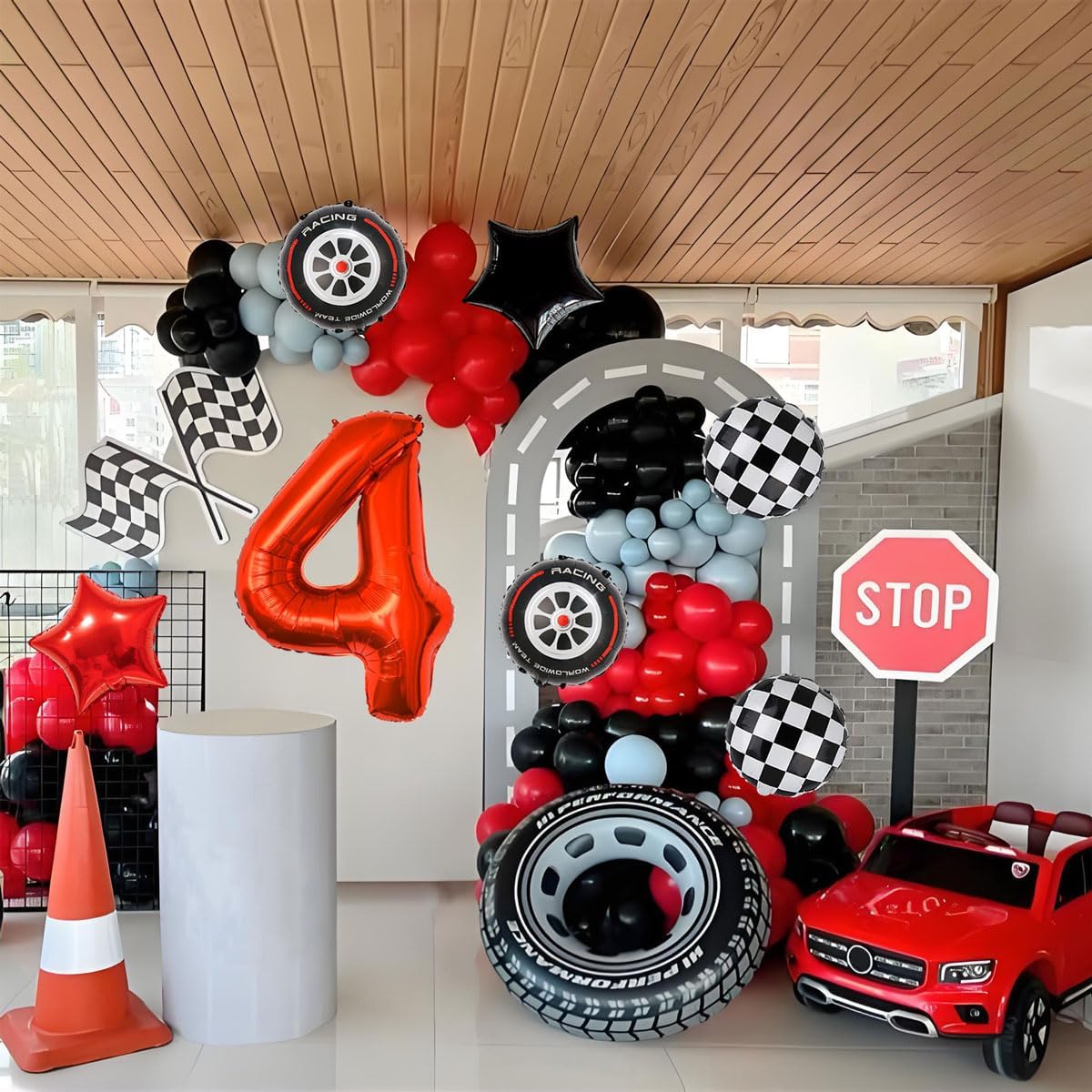 Race Car Birthday Decorations - 40 Inch Mylar Red Number 4 Balloons - Black Foil Checkered Race Car