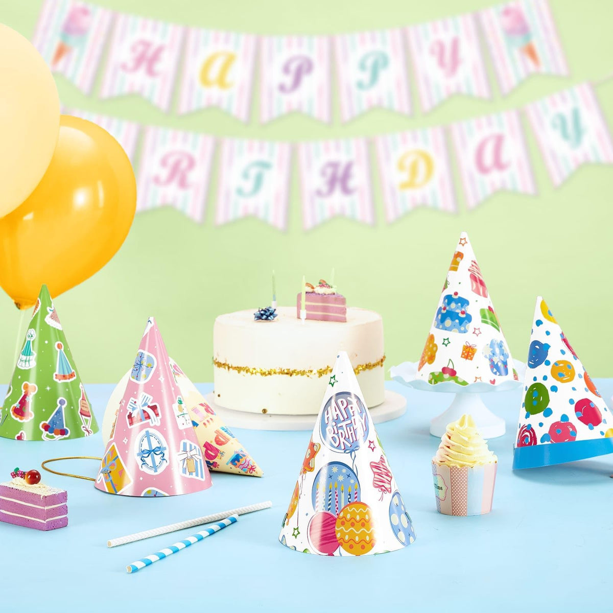 WERNNSAI 12 PCS Birthday Party Hats Colorful Party Headwear for Kids Adults