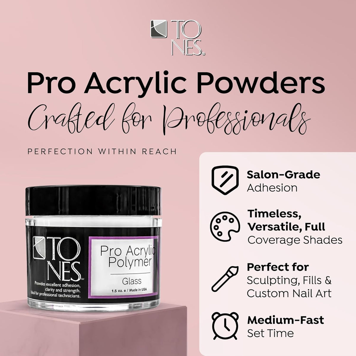 Tones Pro Acrylic Nail Powder, Glass (Clear), (3.5 Fl Oz) - Long-Lasting & Non-Yellowing Polymer