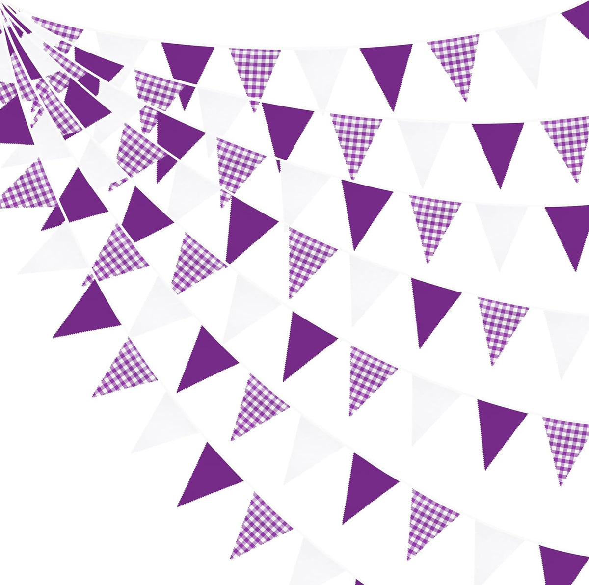 32Ft Purple Party Decorations Purple Buffalo Plaid Checkered White Triangle Flag Gingham Pennant