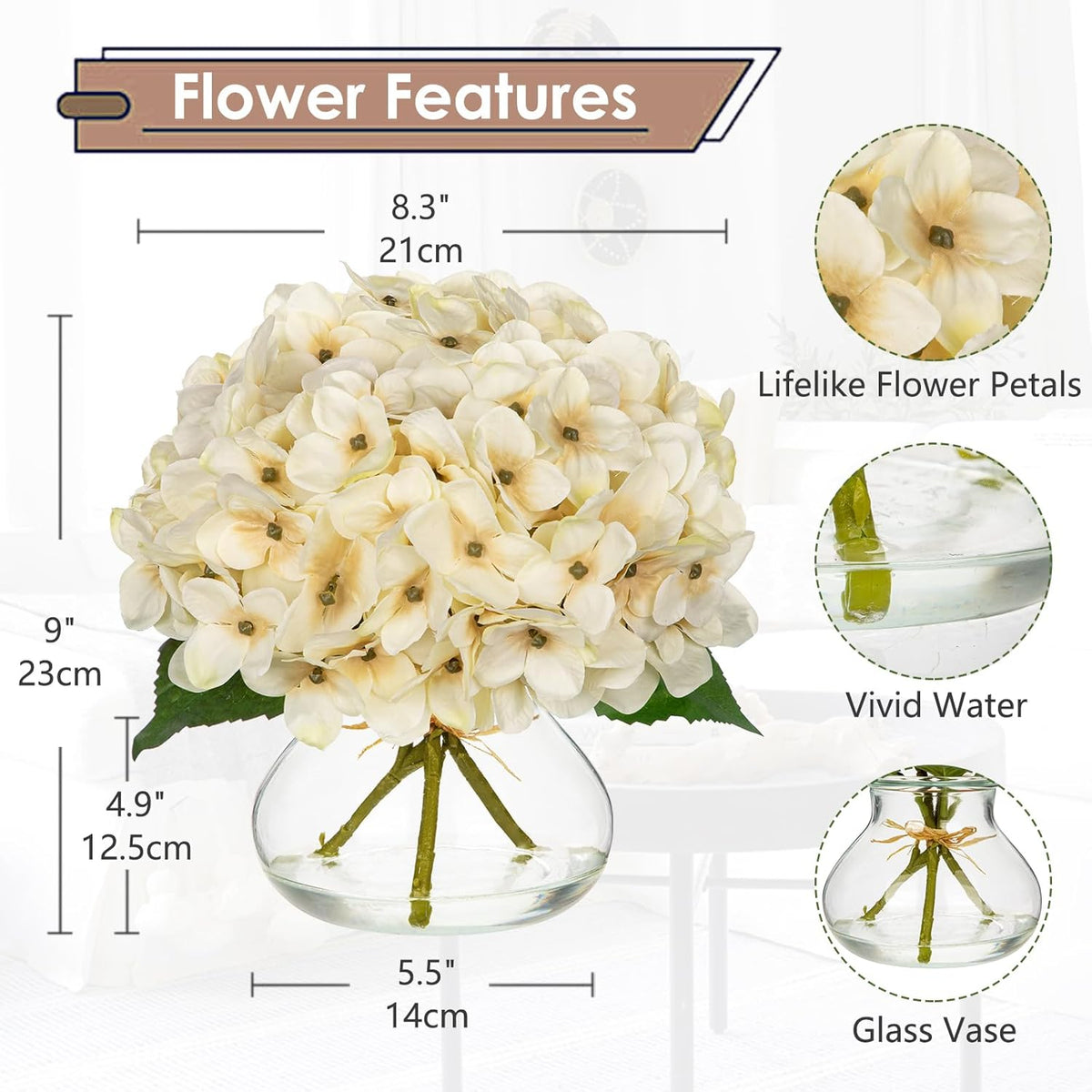 Hollyone Fall Hydrangea Artificial Flowers for Decoration with Glass Vase White Silk Fake Flower