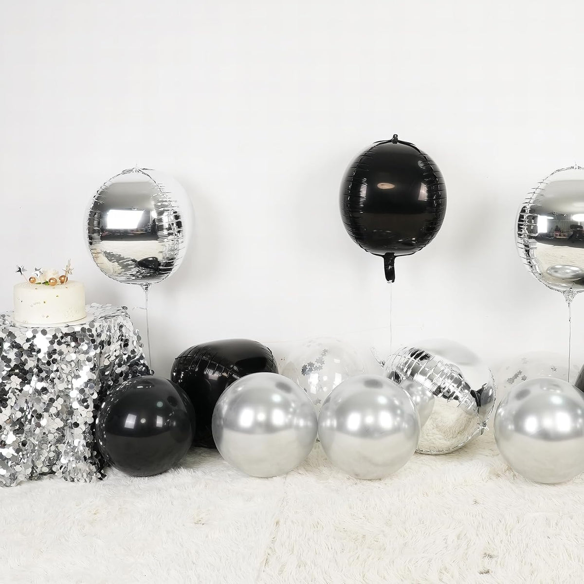 6Pcs Silver Black Round Foil Balloons,Giant 4D Round Ball Balloon,22 Inch Metallic Balloons for