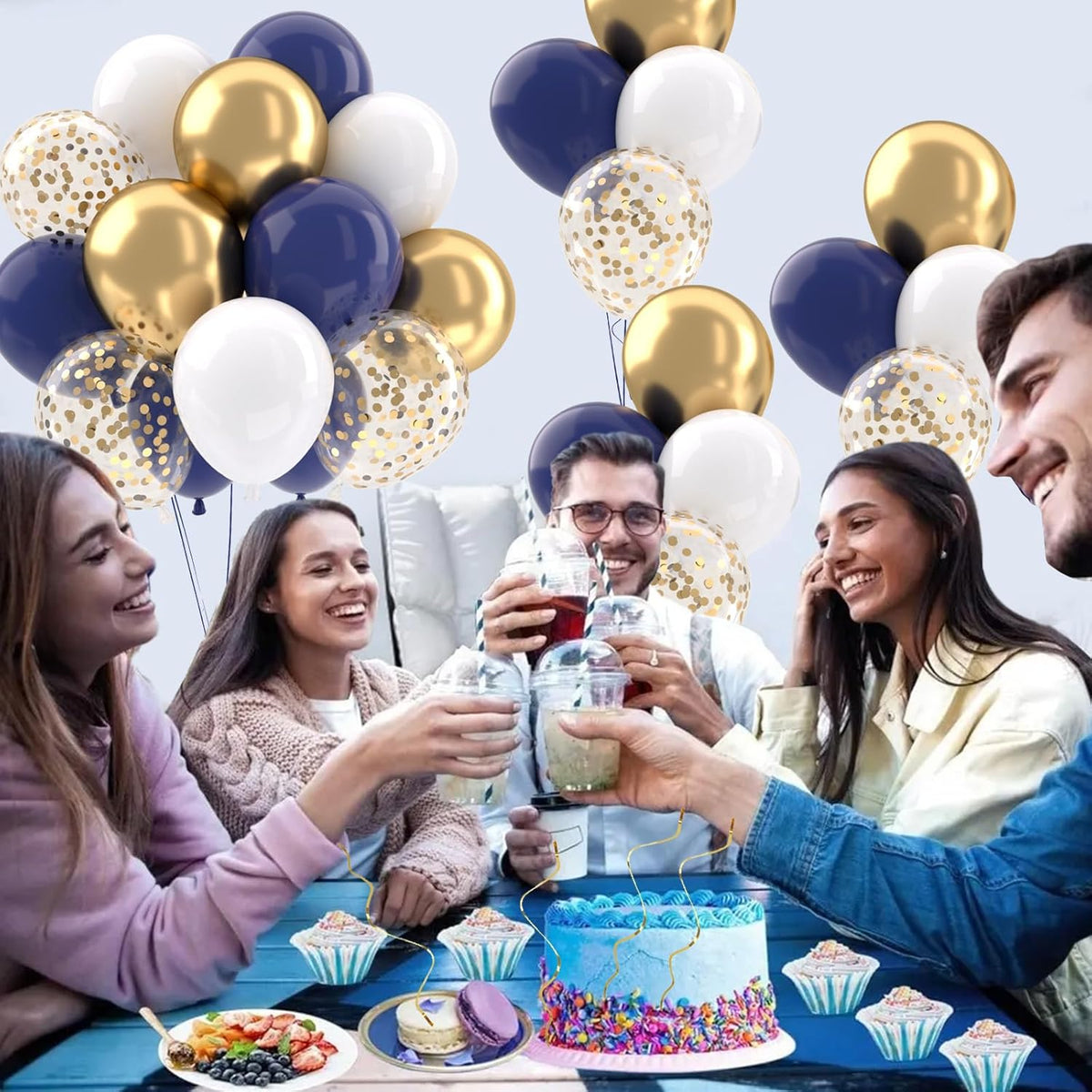 Patimate Navy Blue Gold Balloons Set, 50 pcs 12 inch Metallic Gold Navy Blue White Confetti Latex