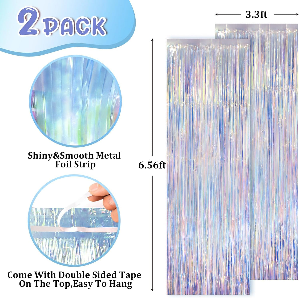 2 Pack Iridescent Foil Fringe Curtains, Holographic Tinsel Streamers Birthday Party Decorations