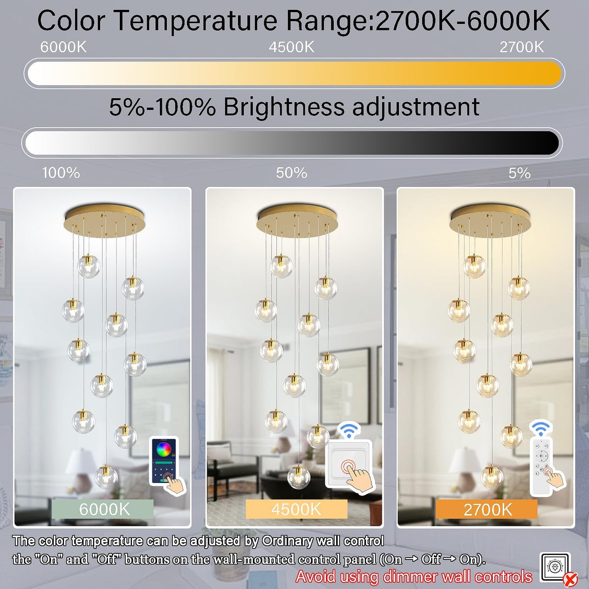 H118 Modern Glass Globe Chandelier Staircase Chandelier for Entryway 12-Lights Glass Globe Pendant