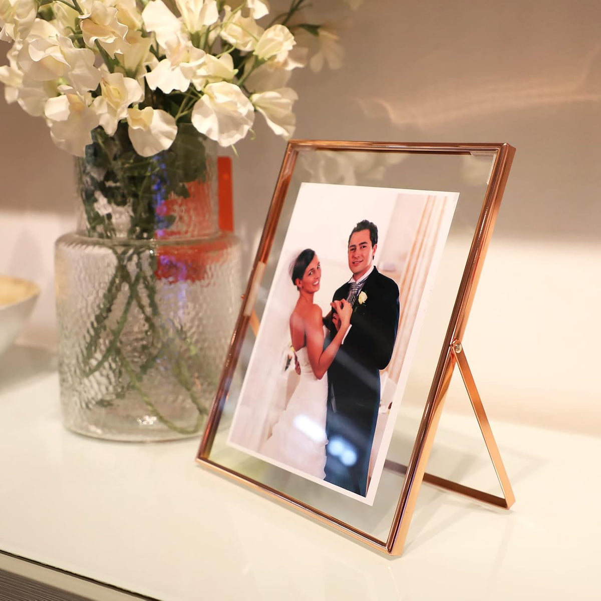 Rose Gold Floating Picture Frame, 6"x8", Vertical, For Picture 5x7, 4x6, 3x5, Medium Tabletop Photo