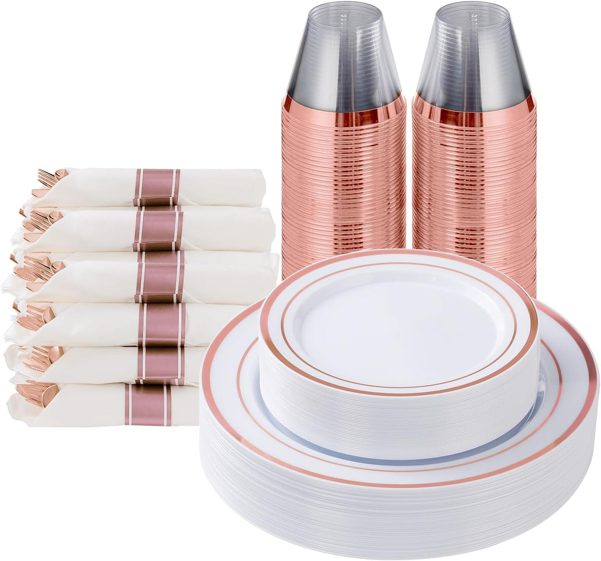 Goodluck 175 Piece Rose Gold Plastic Dinnerware Set for 25 Guests, Fancy Disposable Plates for