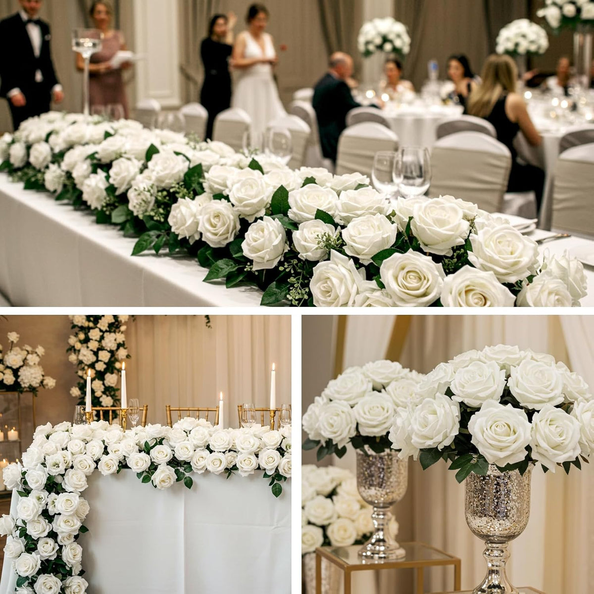 60PCS Artificial Roses Bulk, White Velvet Silk Fake Roses, Realistic White Flowers for Wedding