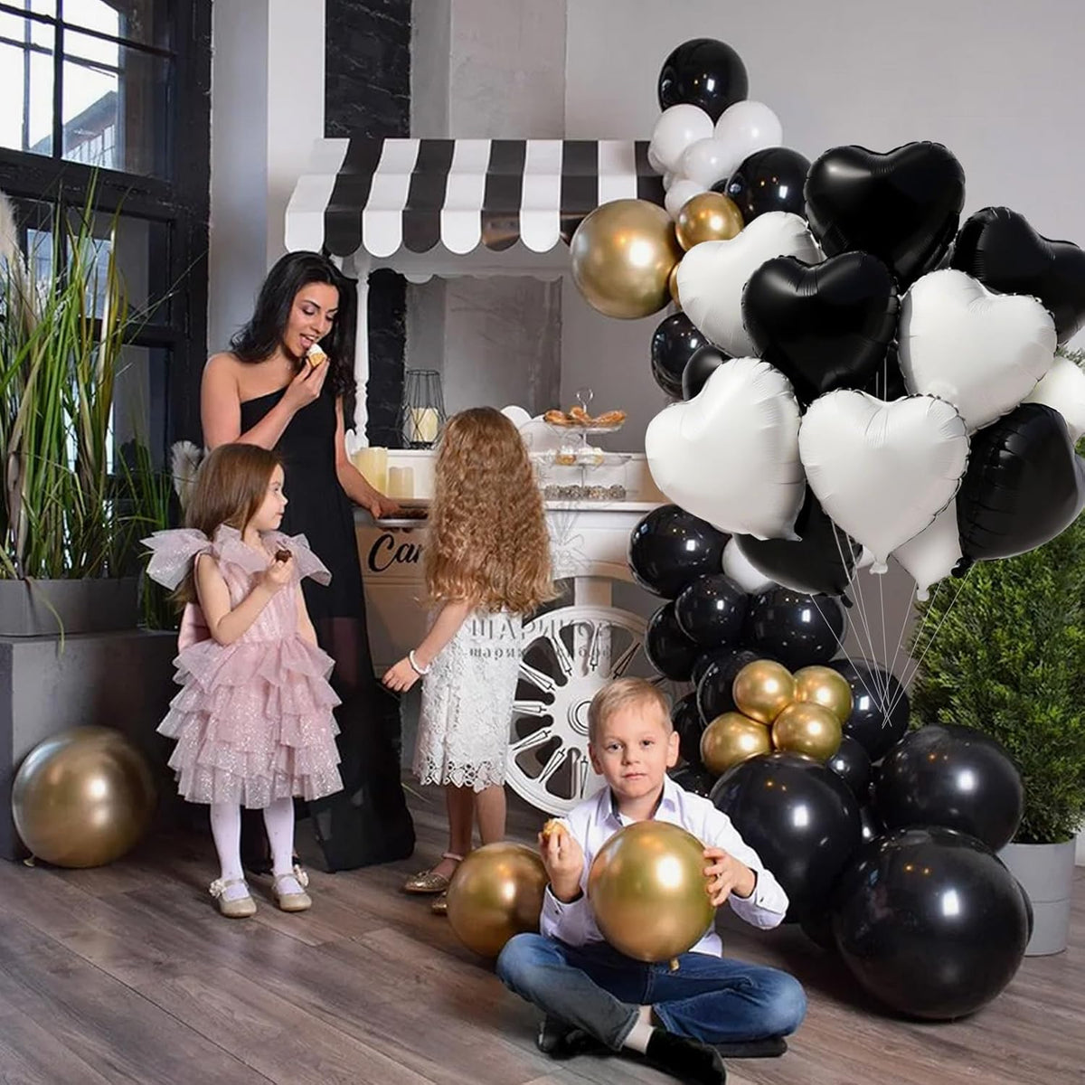TONIFUL 15Pcs 18 Inch Black White Heart Balloons Valentine’s Day Heart Shape Foil Mylar Balloons