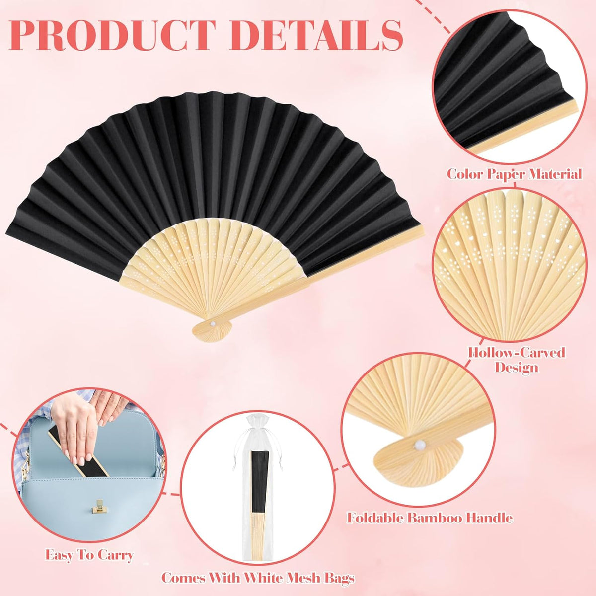 12 Pieces Black Hand Held Bamboo Folding Fans Paper Fans Handheld for Women Foldable Girls Wedding