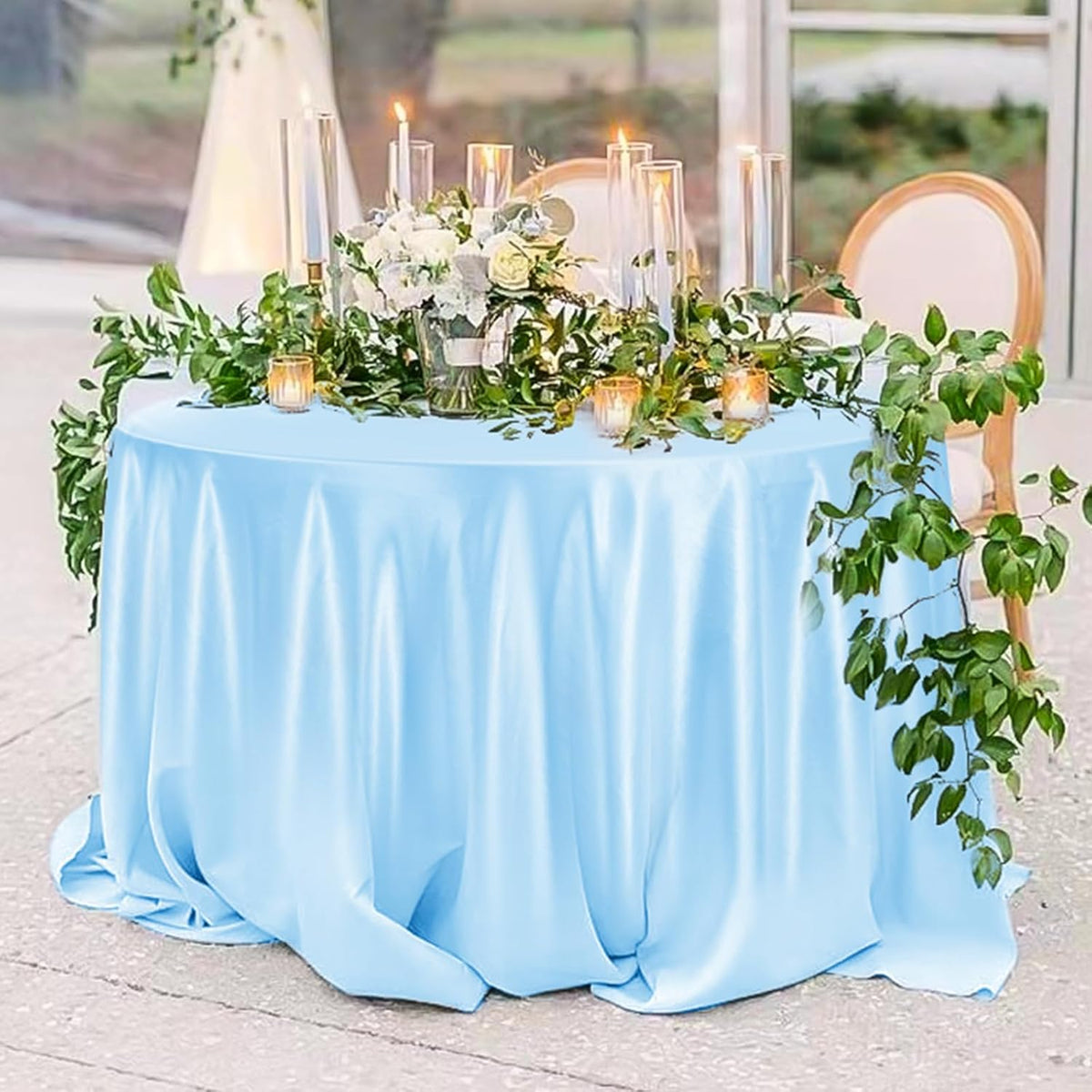 fani 12 Pack 120 Inch Light Blue Satin Tablecloth - Silky Round Tablecloth Overlay Smooth Fabric