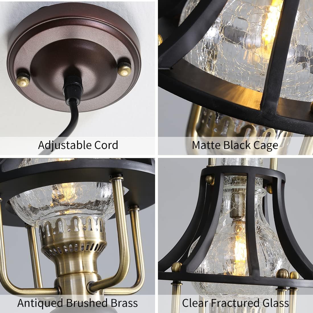 Farmhouse Chandelier Modern Hanging Light, Vintage Rustic Pendant Lights Fixture, Crackle Glass