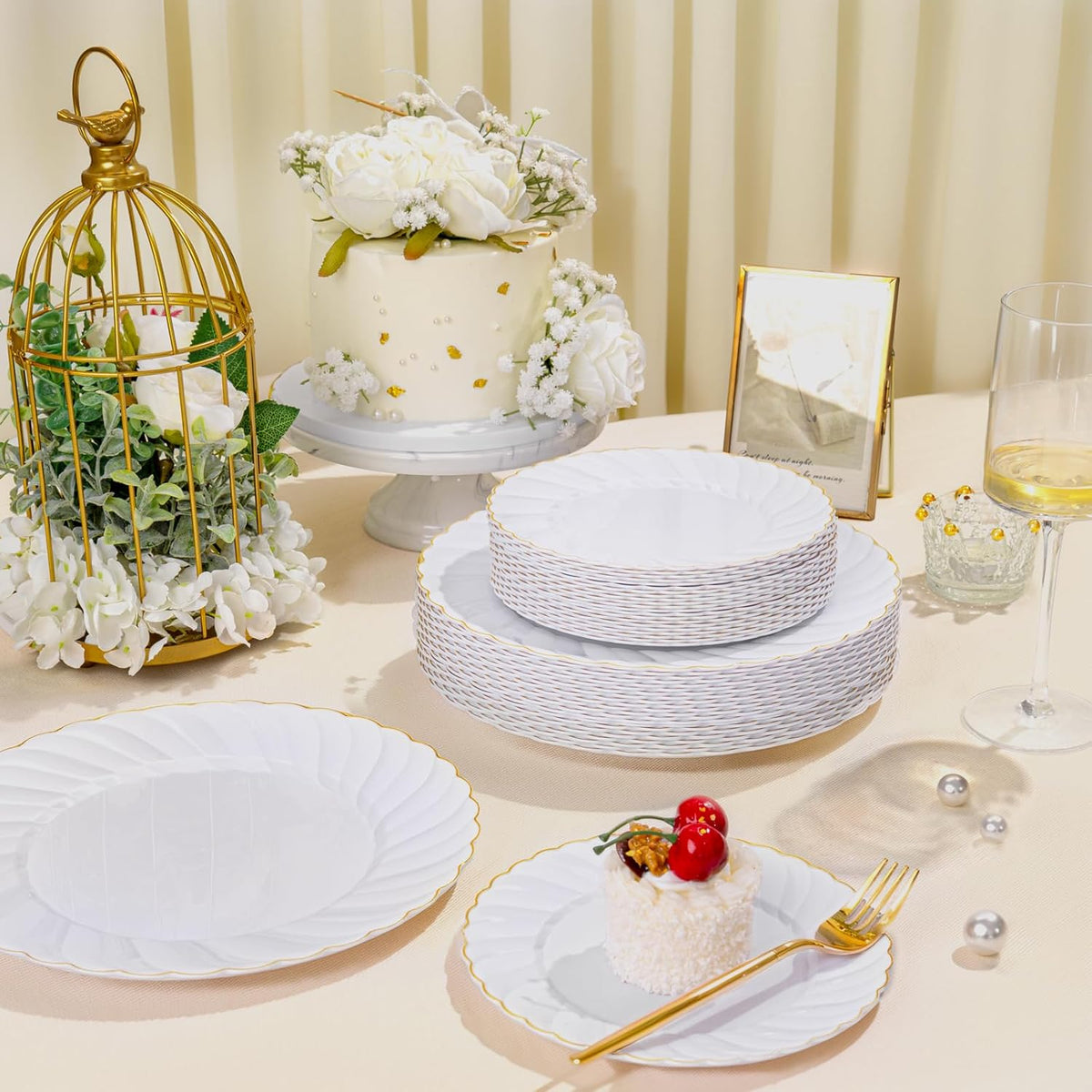 U-QE 60 Pcs White Plastic Plates with Gold Trim – Scalloped Plastic Plates Heavy Duty - Include 30