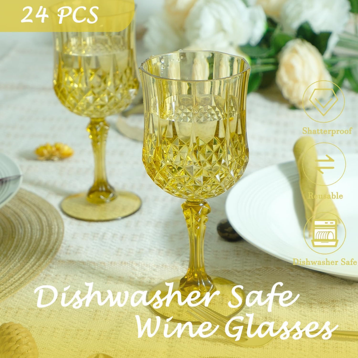 Plastic Wine Glasses，100PCS Gold Plastic Goblets Vintage Style Cordial Drinking Glasses for Wedding