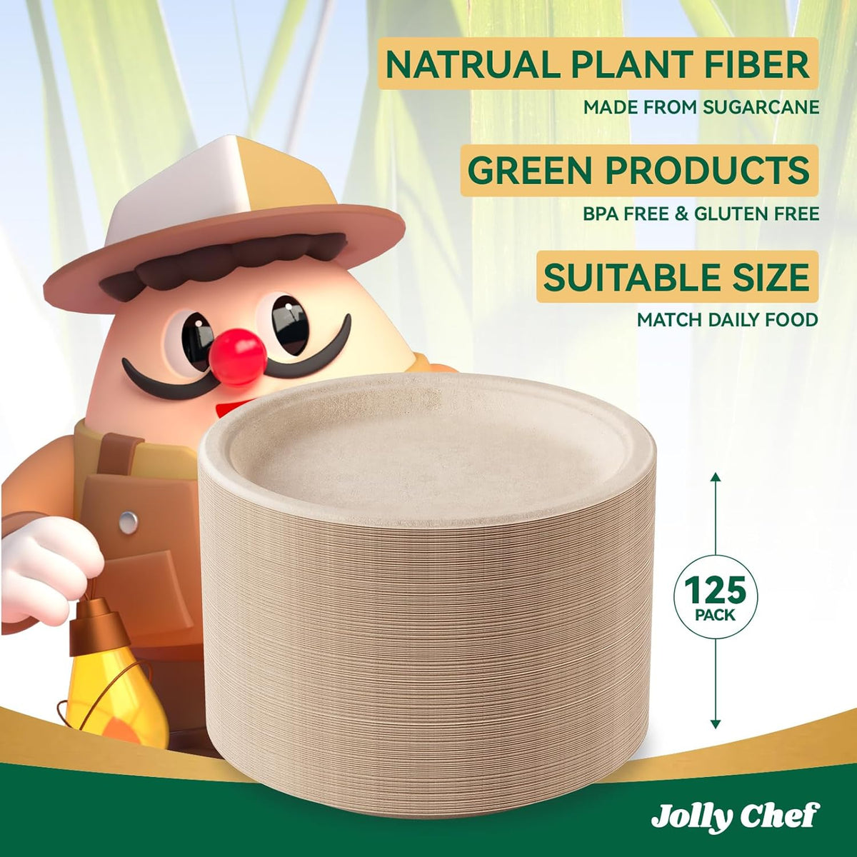 JOLLY CHEF Compostable Heavy Duty Plates 𝟭𝟬 𝗜𝗻𝗰𝗵 [𝟭𝟮𝟱 𝗣𝗮𝗰𝗸] Eco-Friendly Disposable