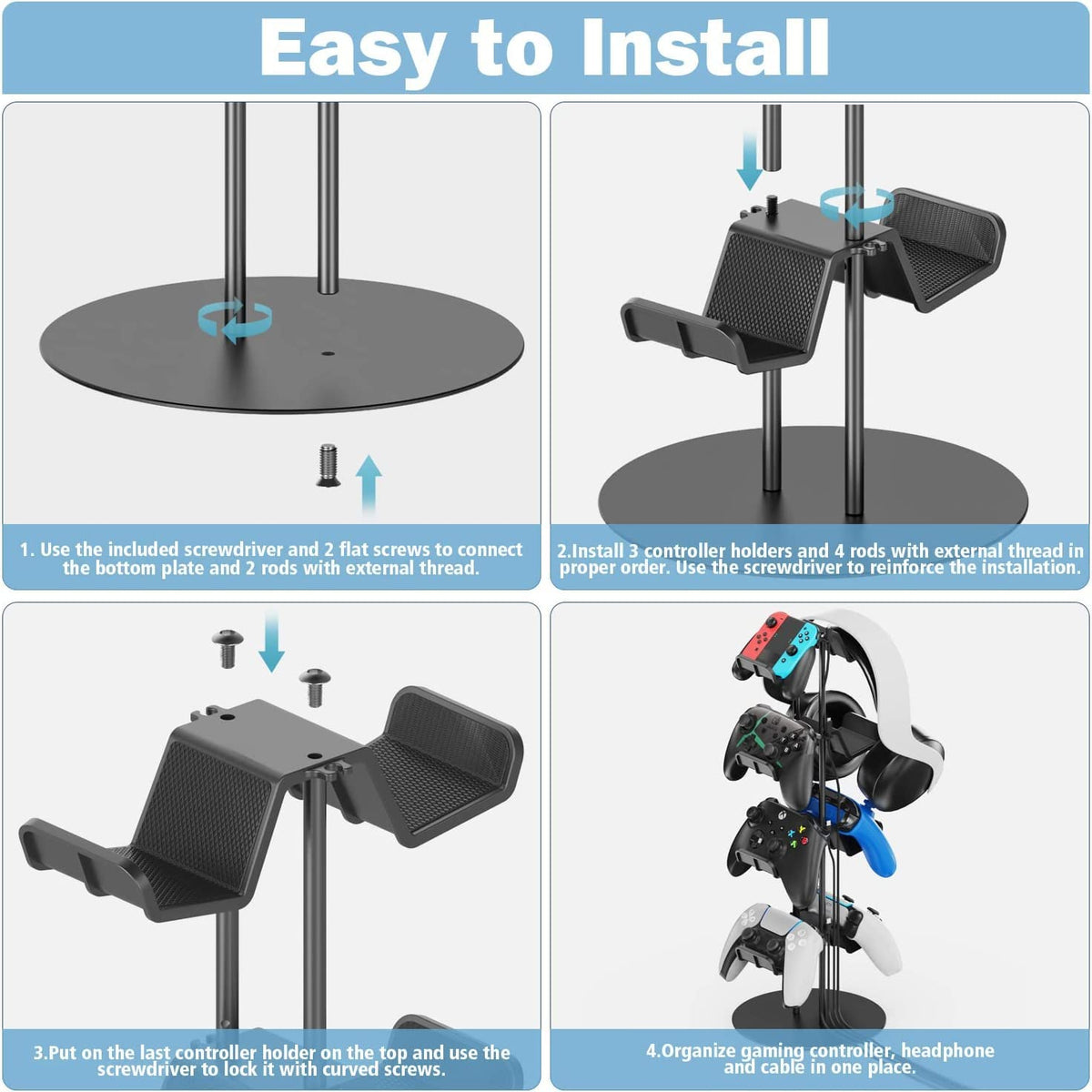 Kytok Controller Stand 4 Tiers with Cable Organizer for Desk, Universal Headphone Stand Compatible