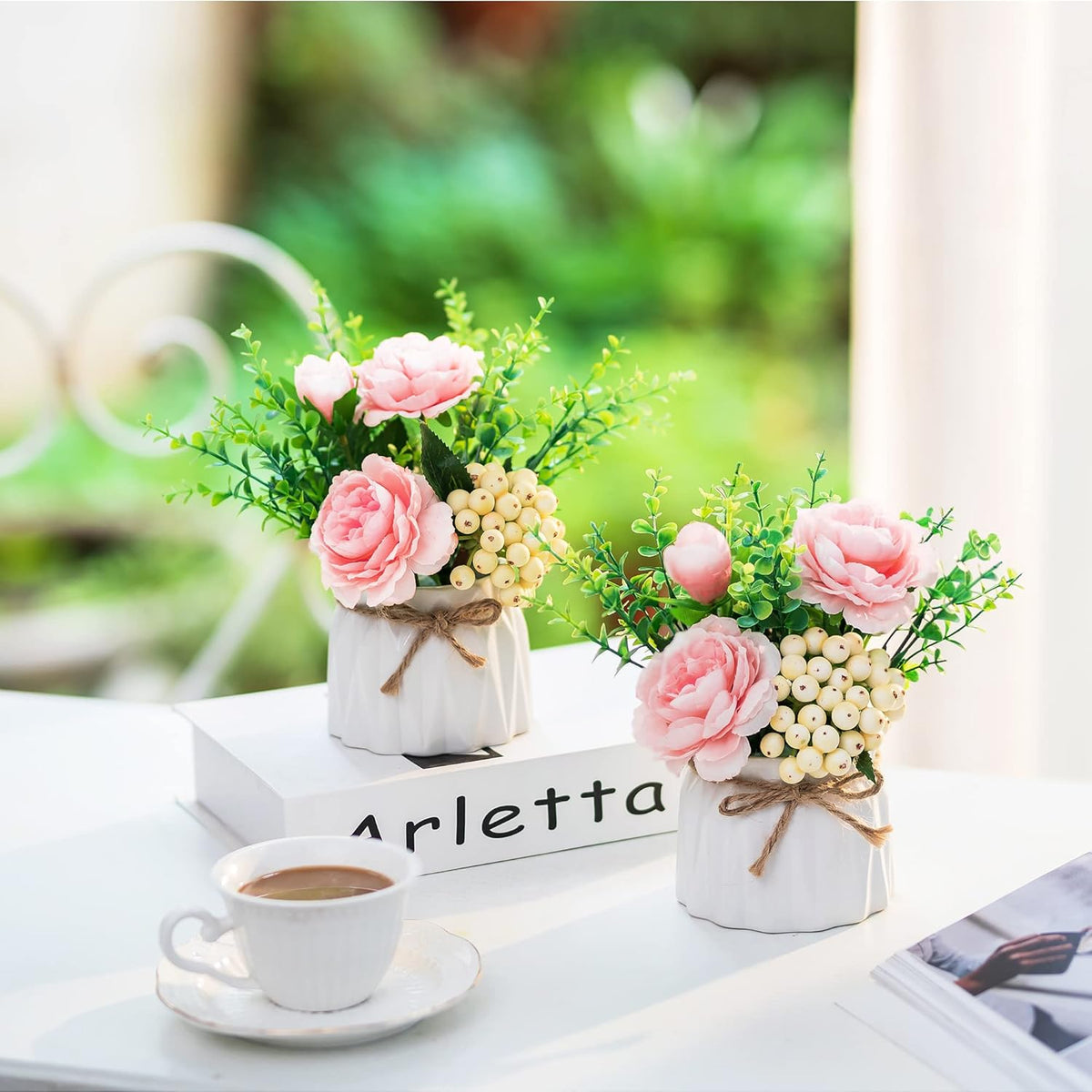 BLOSMON Table Decor Artificial Flowers Vase 7 Inch Small Fake Pink Flower Arrangement 2pcs for