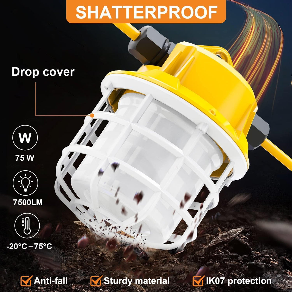 50ft LED Construction String Lights, 75W 7500LM Industrial Grade Super Bright String Work Lights