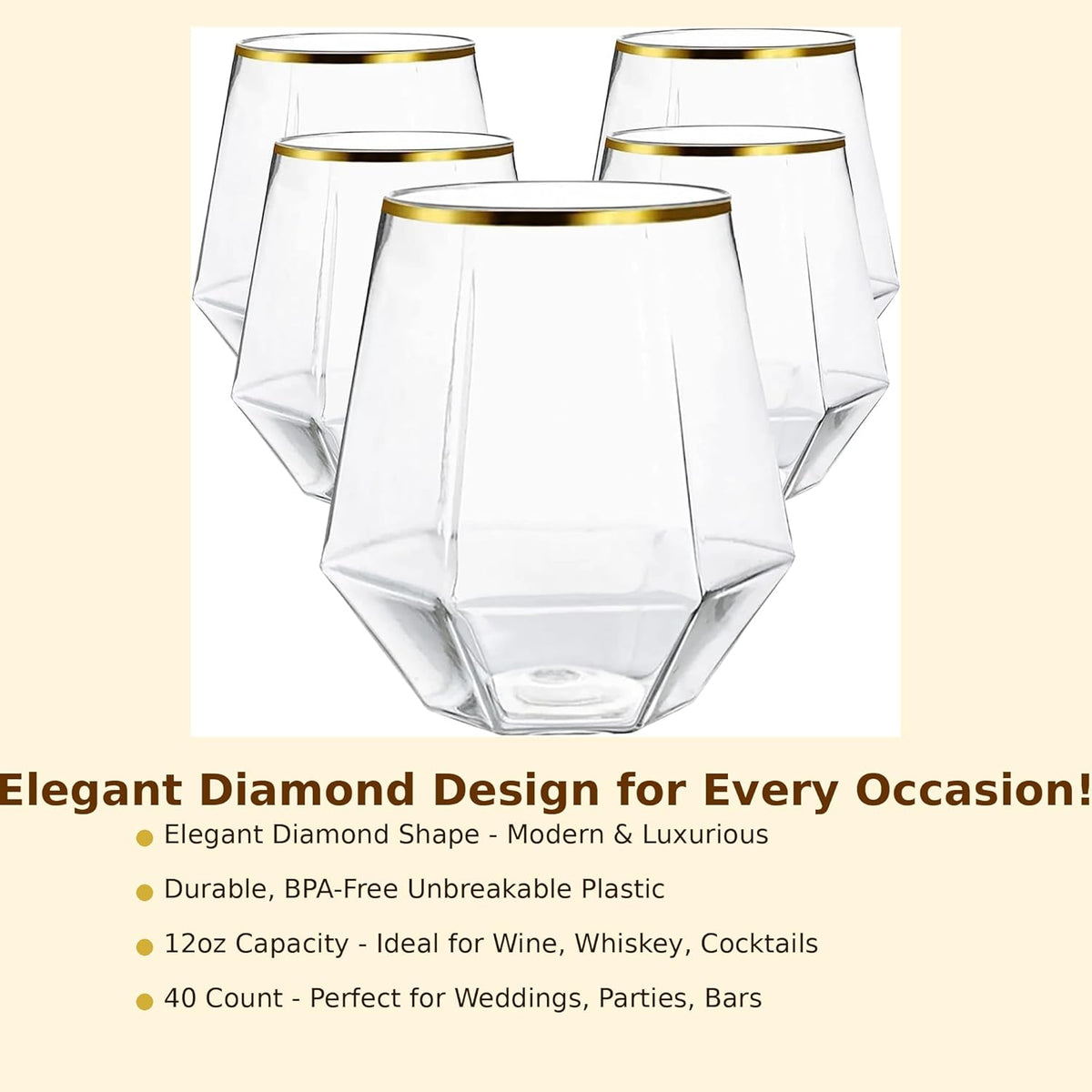 40 count Diamond Unbreakable Stemless Plastic Wine Champagne Whiskey Glasses Elegant Durable