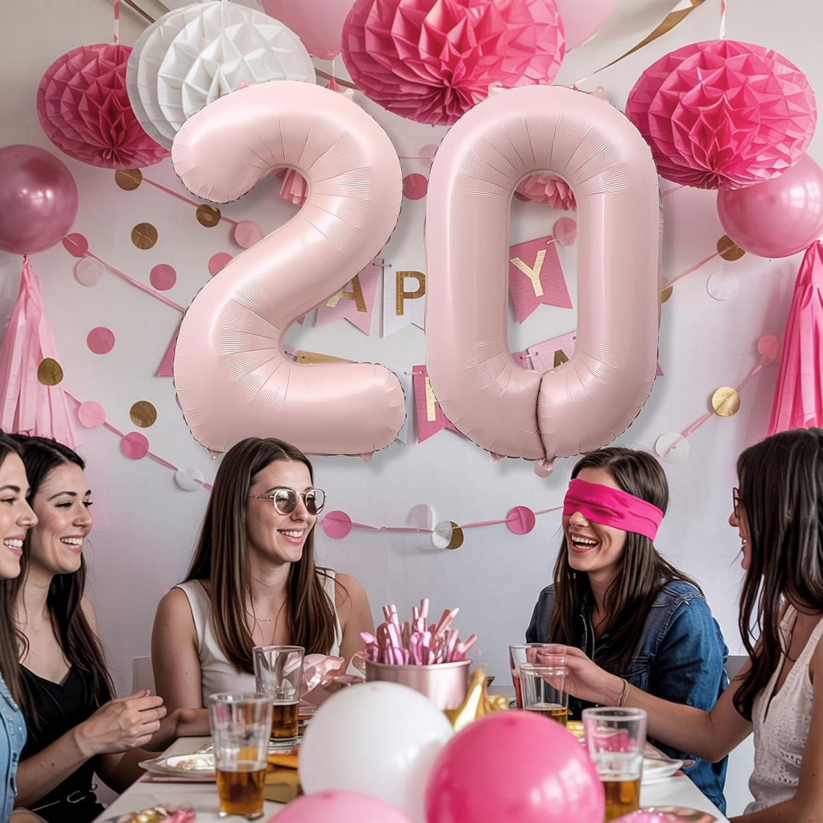 Pastel Pink 20 Balloon Number for Girls, 40'' Self Inflating Number 20 Balloons, Big Light Blush