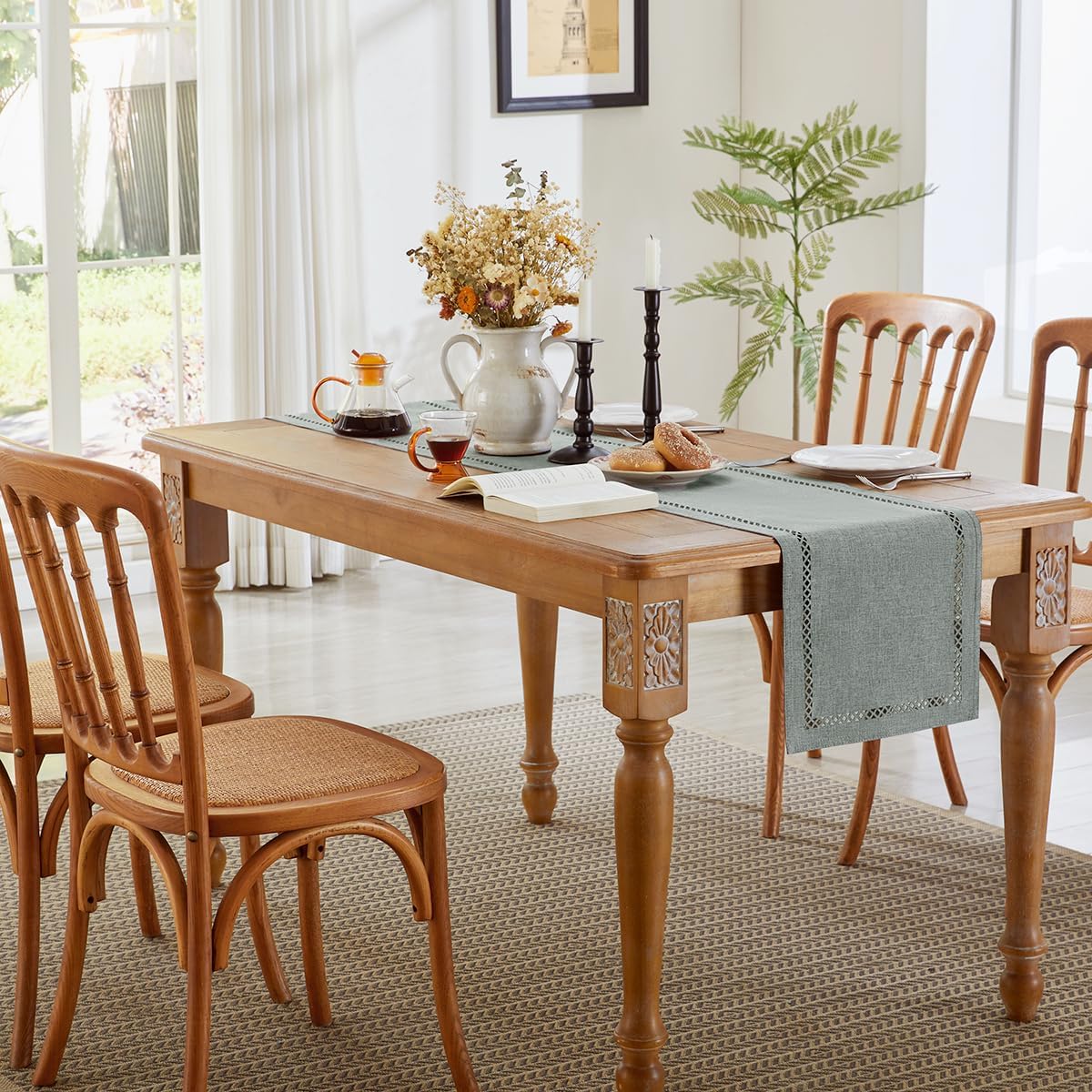 Burlap Style Farmhouse Table Runner, 13 x 48 Inch Grey, Rustic Geometric Hollow Table Runners 48