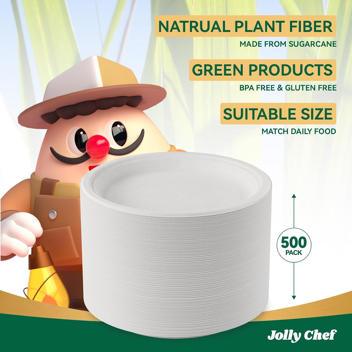JOLLY CHEF Compostable Heavy Duty Plates 𝟭𝟬 𝗜𝗻𝗰𝗵 [𝟱𝟬𝟬 𝗣𝗮𝗰𝗸] Eco-Friendly Disposable