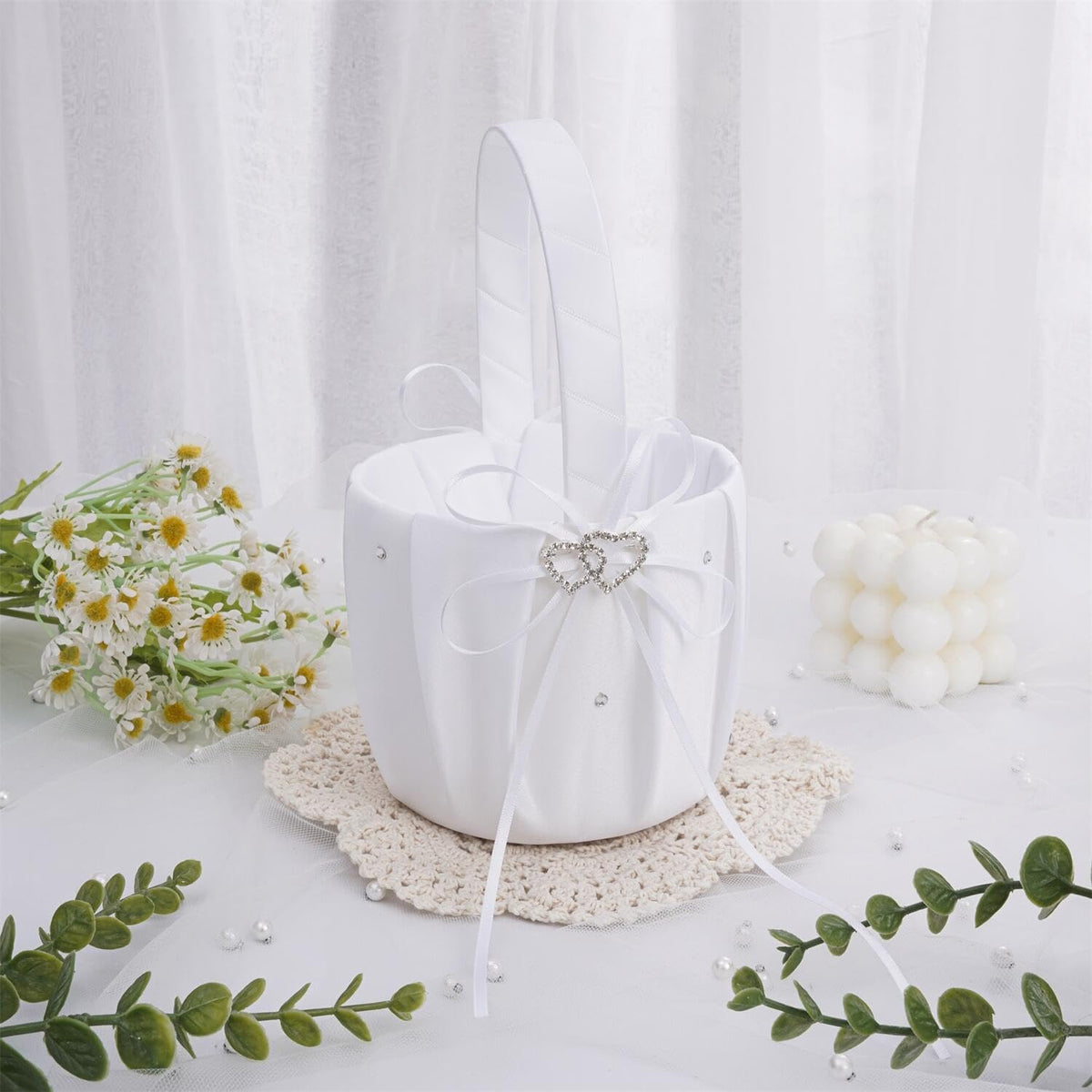 QIRMIZI Wedding Ring Pillow and Flower Girl Basket Set – Adorned with Pearl Rhinestones, White