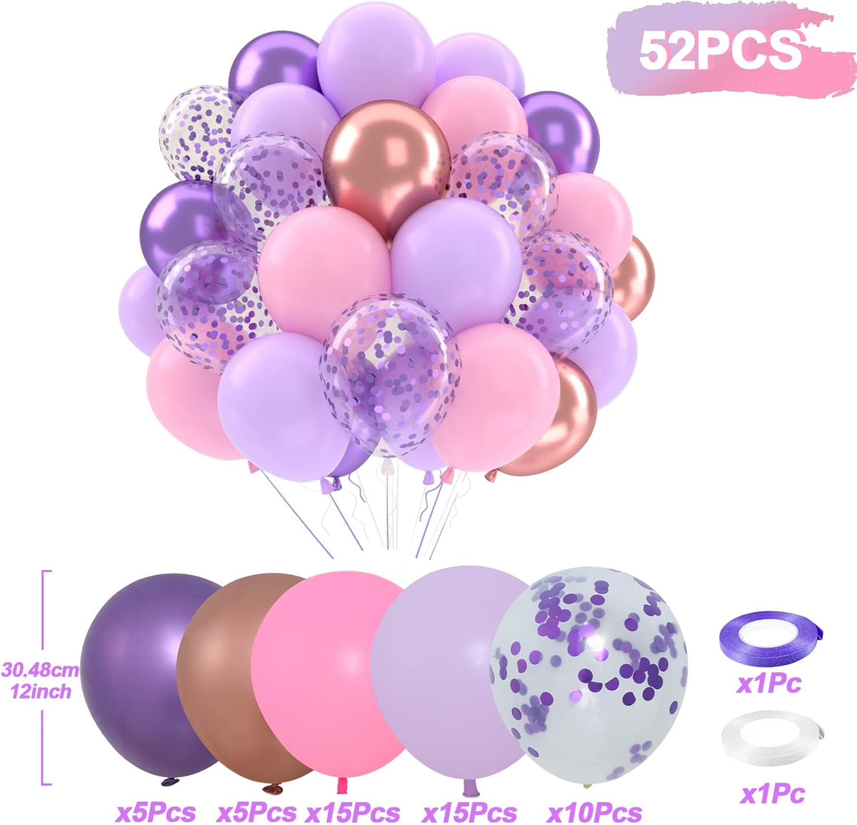 Patimate Purple and Pink Balloons Set, 50 pcs 12 inch Metallic Rose Gold Purple Pastel Pink Purple