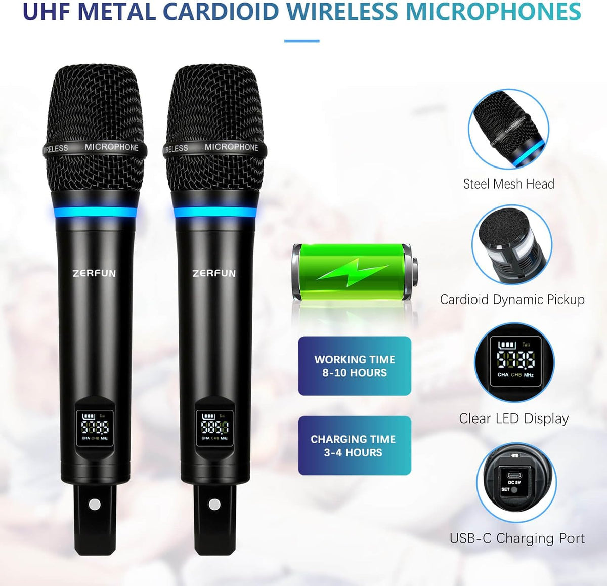 2 Channel Rechargeable Wireless Microphone System, Pro UHF Metal Handheld Wireless Microphones