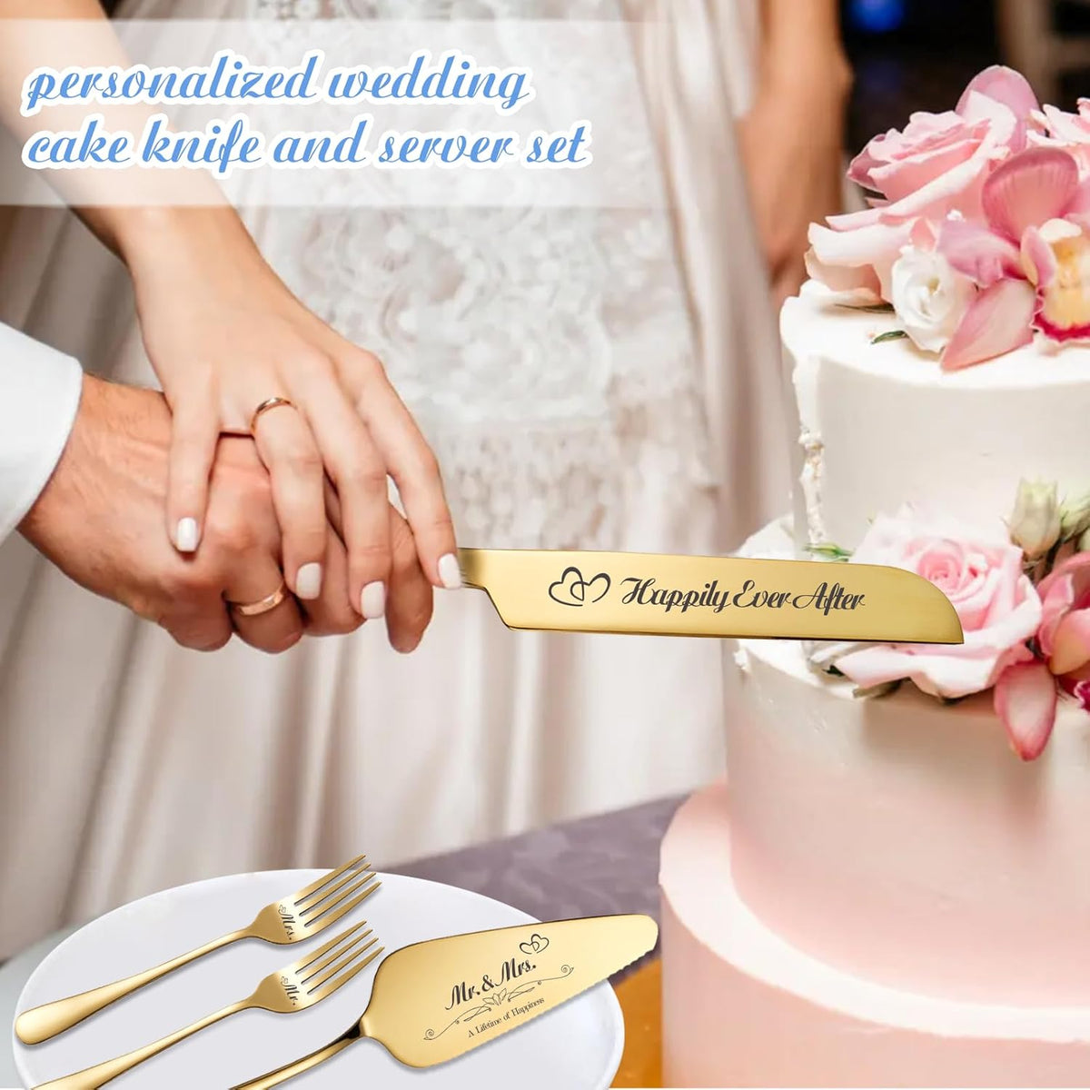 Personalized Wedding Cake Knife and Server Set, Wedding Gold Cake Cutting Set with Stainless Steel