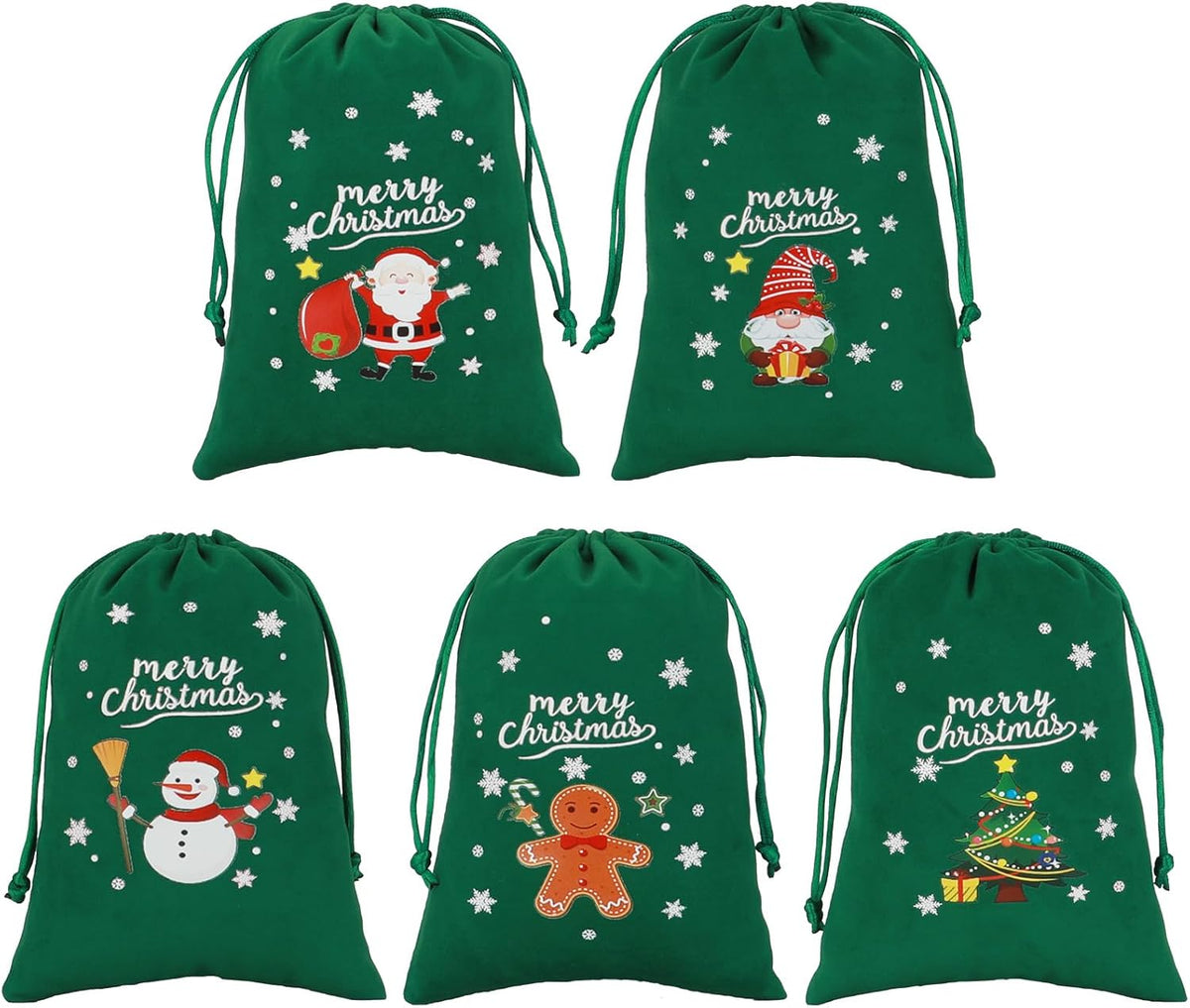 Tapleap Coth Christmas Bags with Drawstring - 50Pcs 5x7 Green Velvet for Wrapping Christmas Party