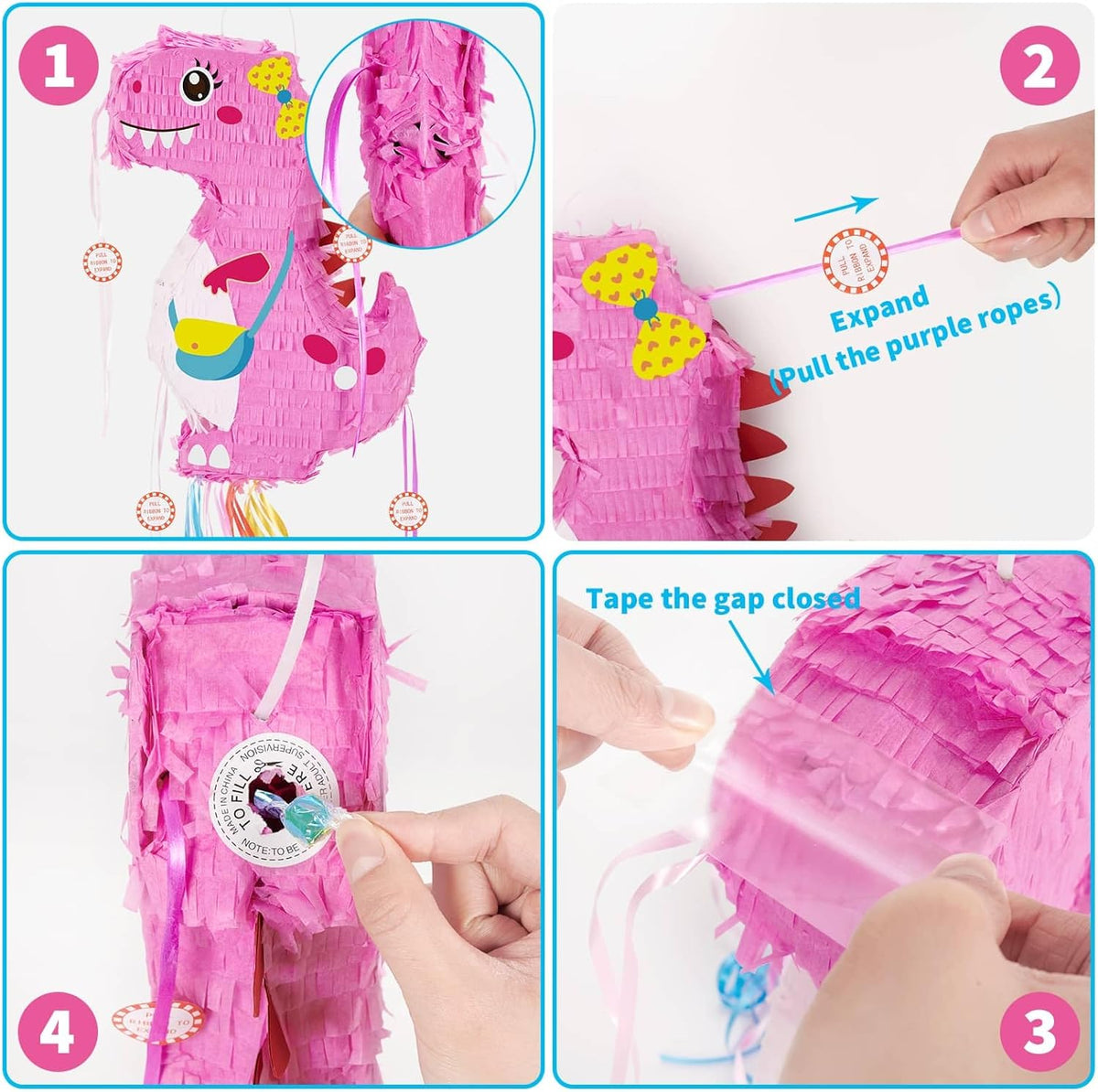 WERNNSAI Foldable Dinosaur Piñata - Pull String Dinosaur Birthday Party Supplies Extendable Piñata
