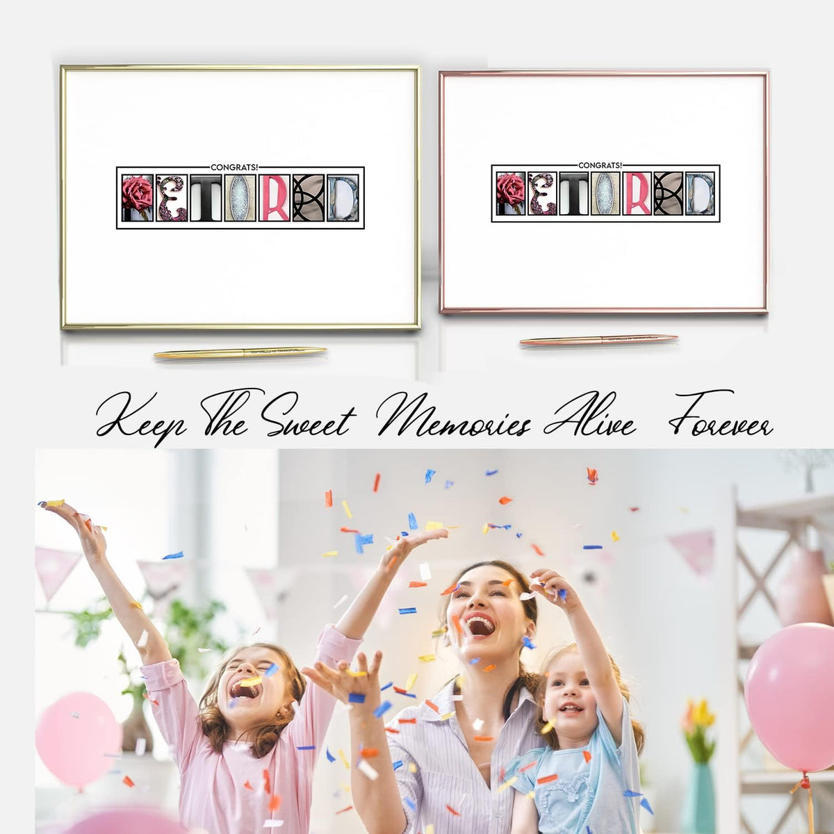 Framed Retirement Decorations Guest Book for Womens 12"x16" Rose Gold Frame - Window Cut Design
