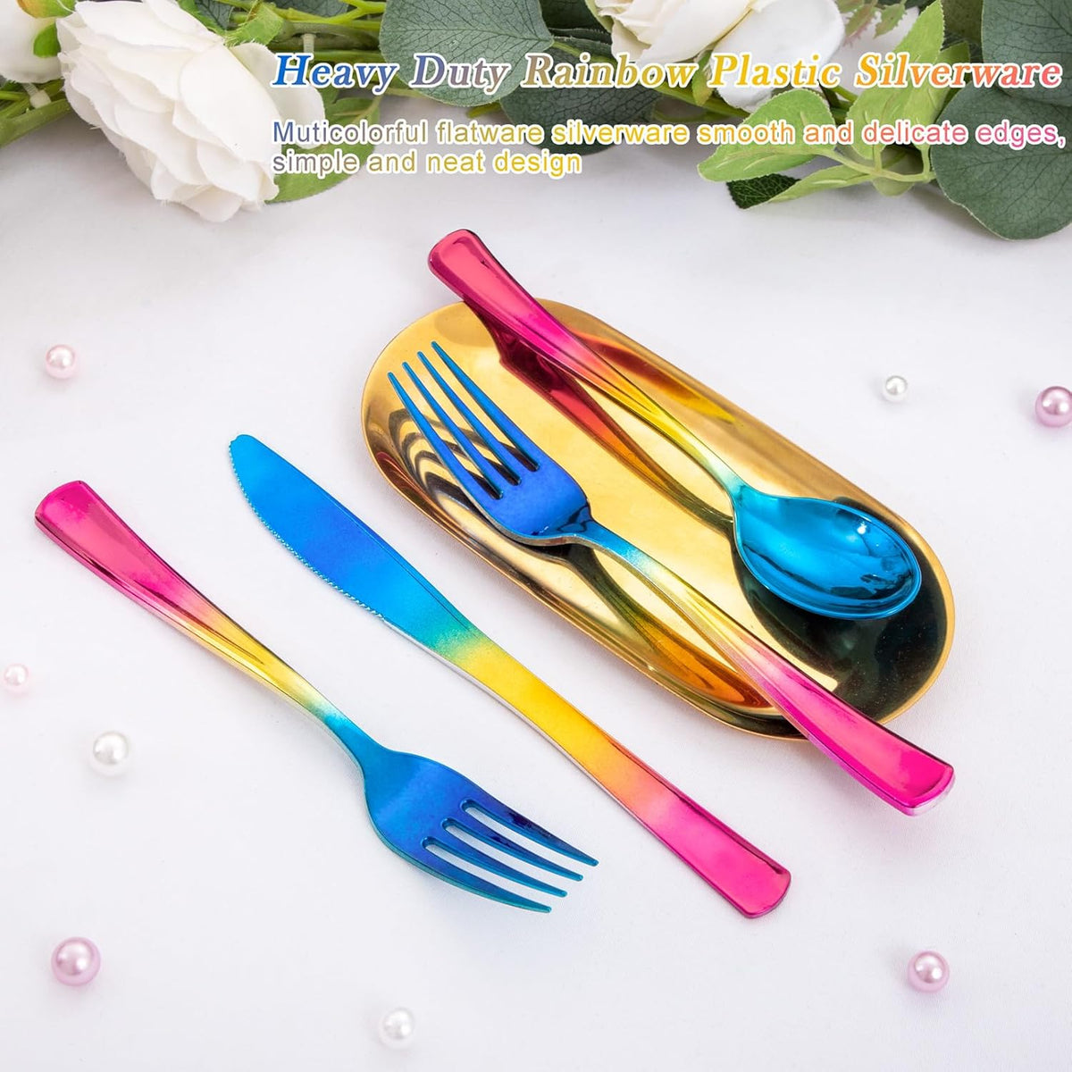 Supernal 120pcs Rainbow Plastic Silverware Set Colorful Party Utensils Blue Pink Gold Plastic