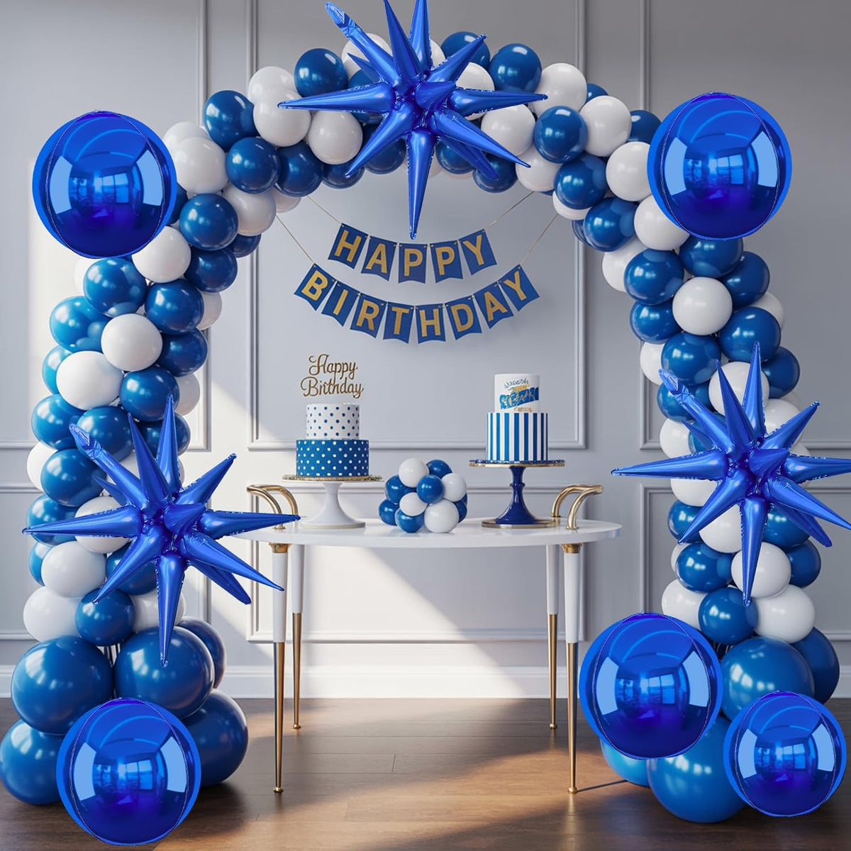 6Pcs Navy Blue Foil Balloons,22Inch Royal Blue 4D Round Ball Balloon and Explosion Star Balloon for
