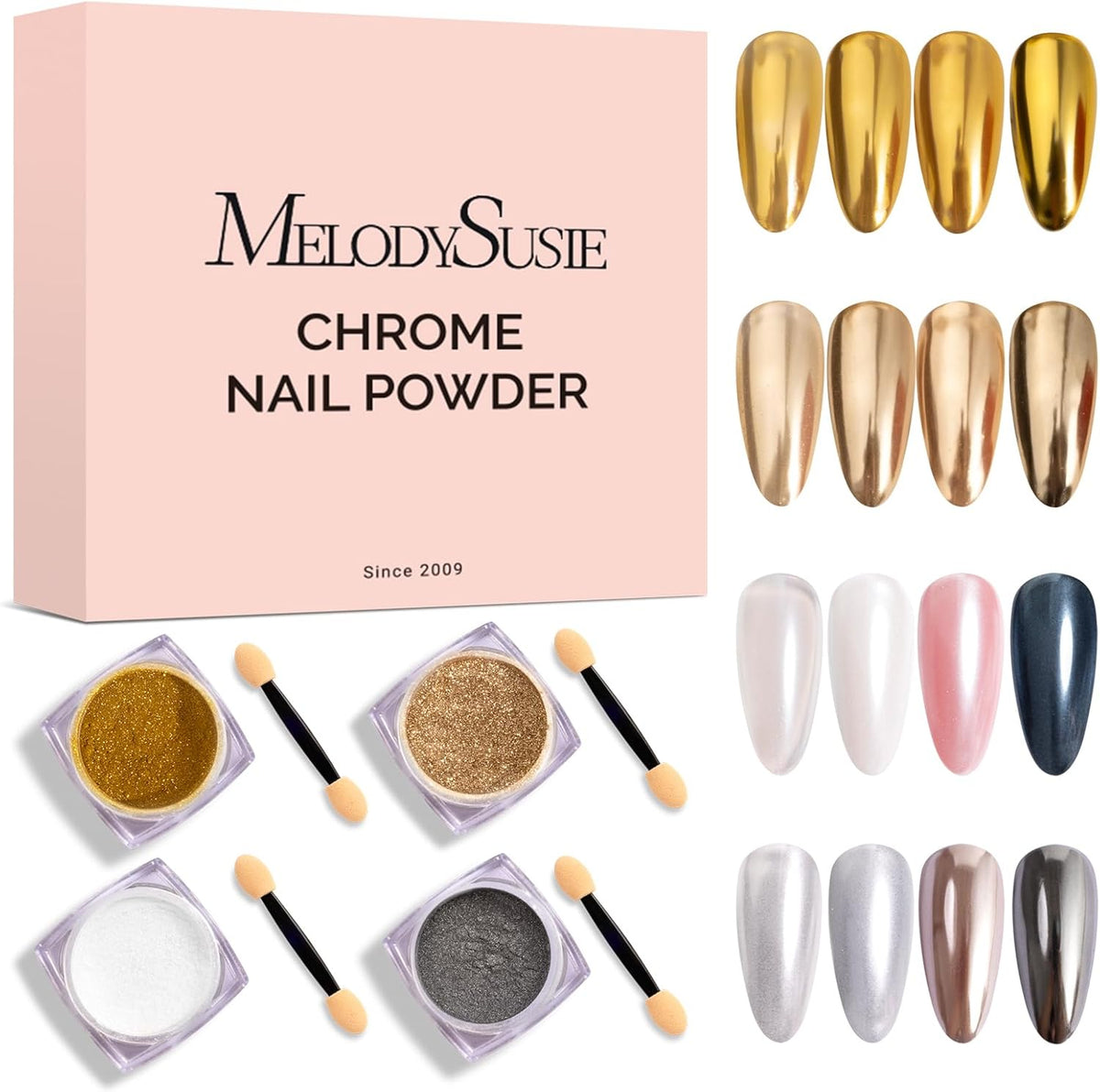 MelodySusie 4Pcs Chrome Nail Powder for Gel Nails, Aurora Fine Glitter Powder Mirror Effect Pigment