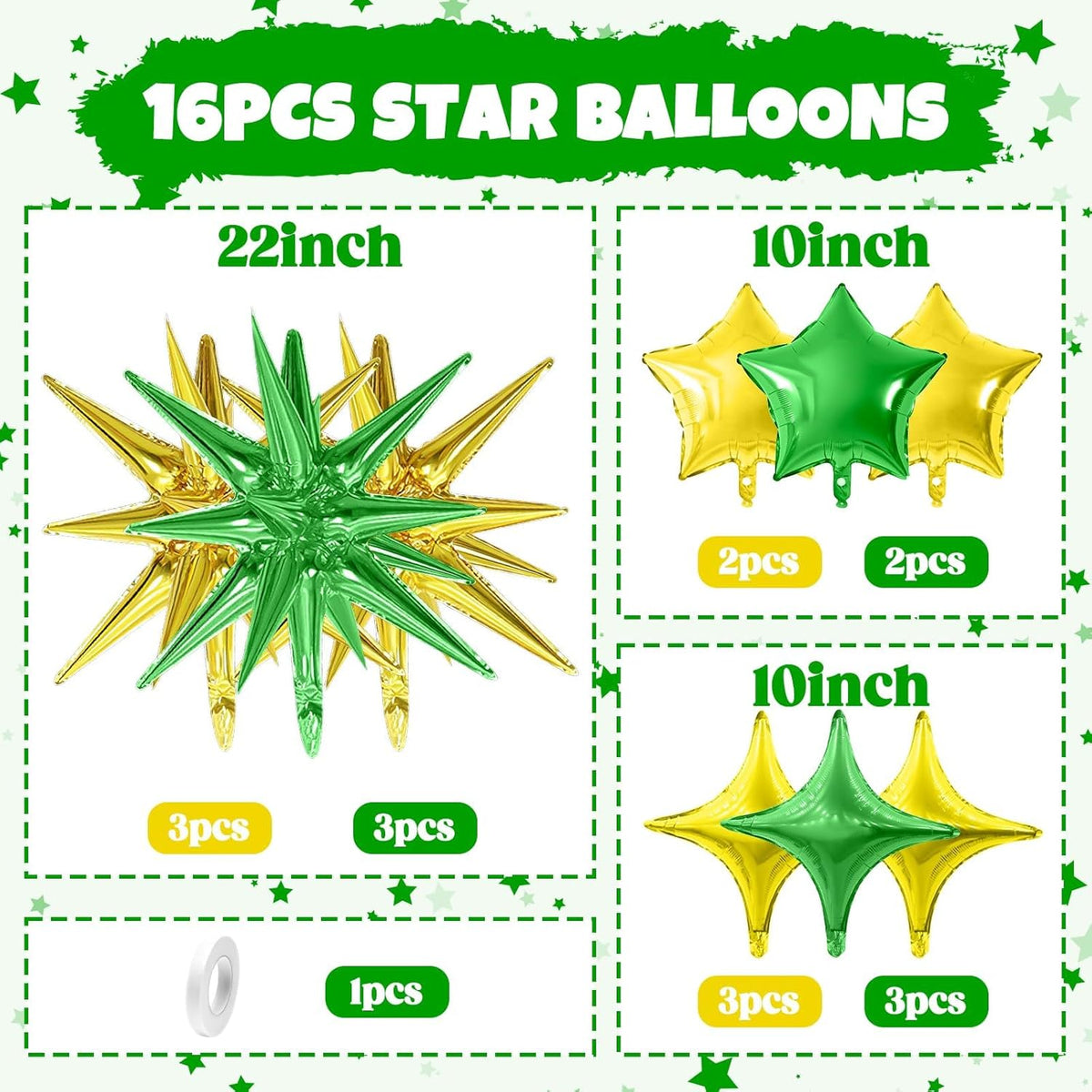 Gold Green Star Balloon,16Pcs Star Foil Balloons Set with 22Inch Explosion Spike Cone Balloons and