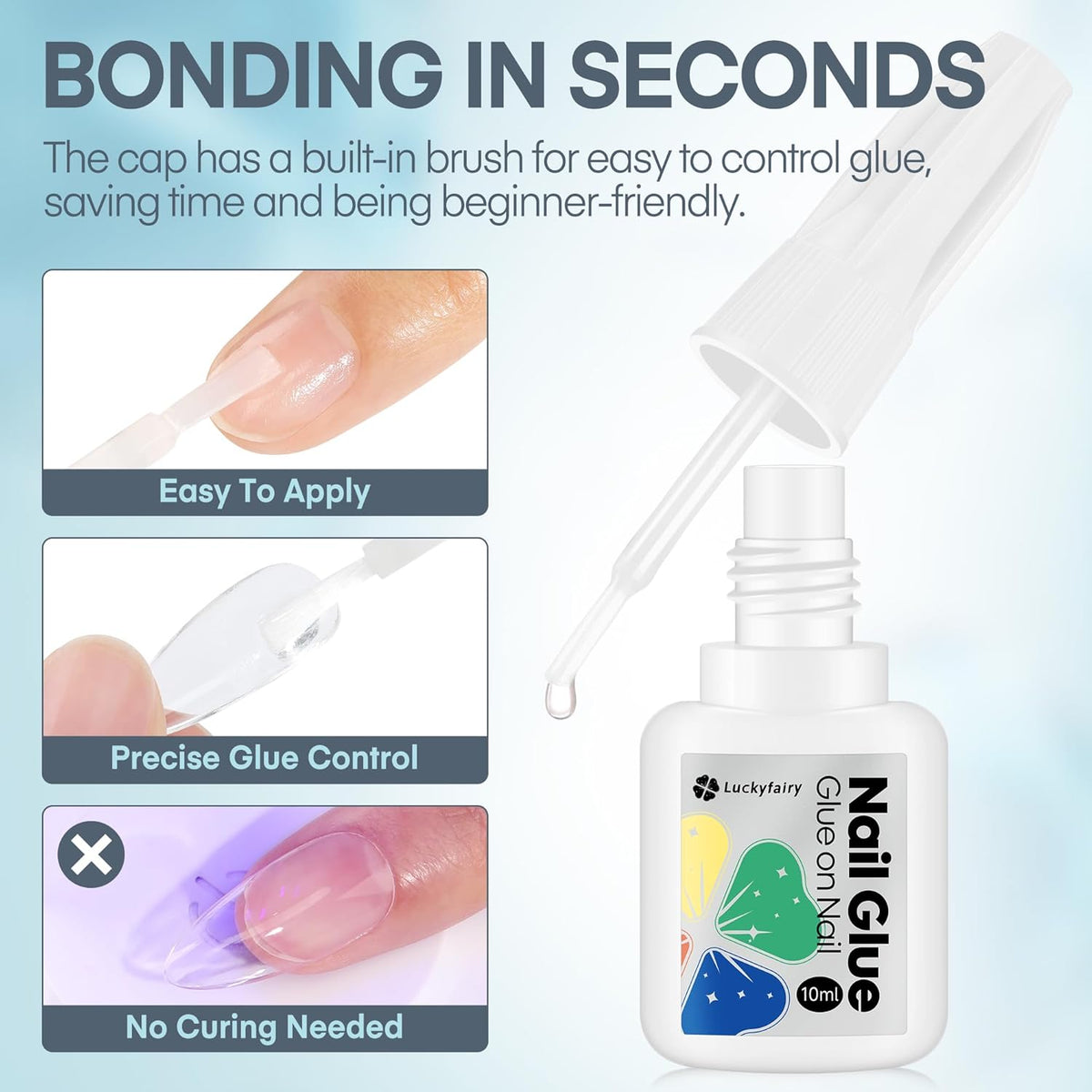 Super Strong Nail Glue 10ML for Press On Nails - No UV Light Needed, Brush On Bond for Acrylic