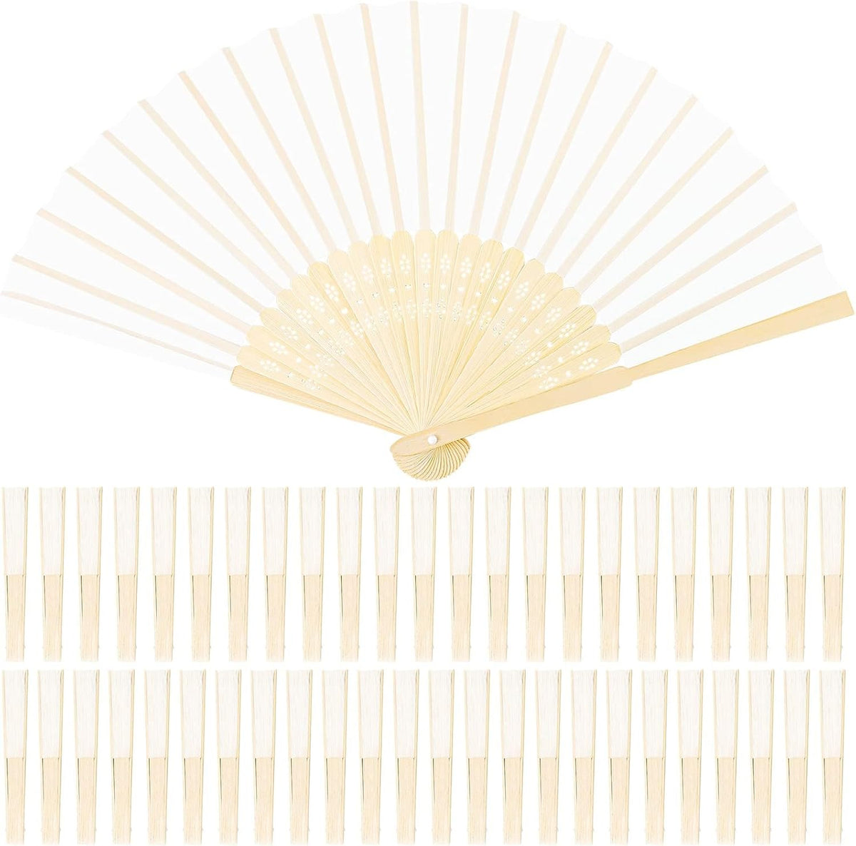 URATOT 48 Pieces White Folding Fans Silk Bamboo Folding Fans Handheld Fan for Wedding, Party