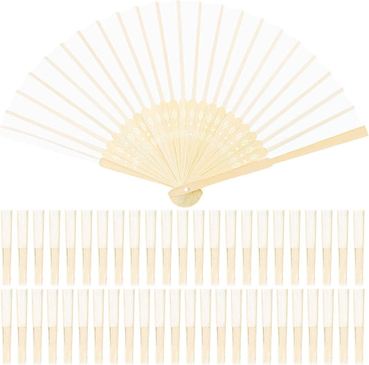 URATOT 48 Pieces White Folding Fans Silk Bamboo Folding Fans Handheld Fan for Wedding, Party