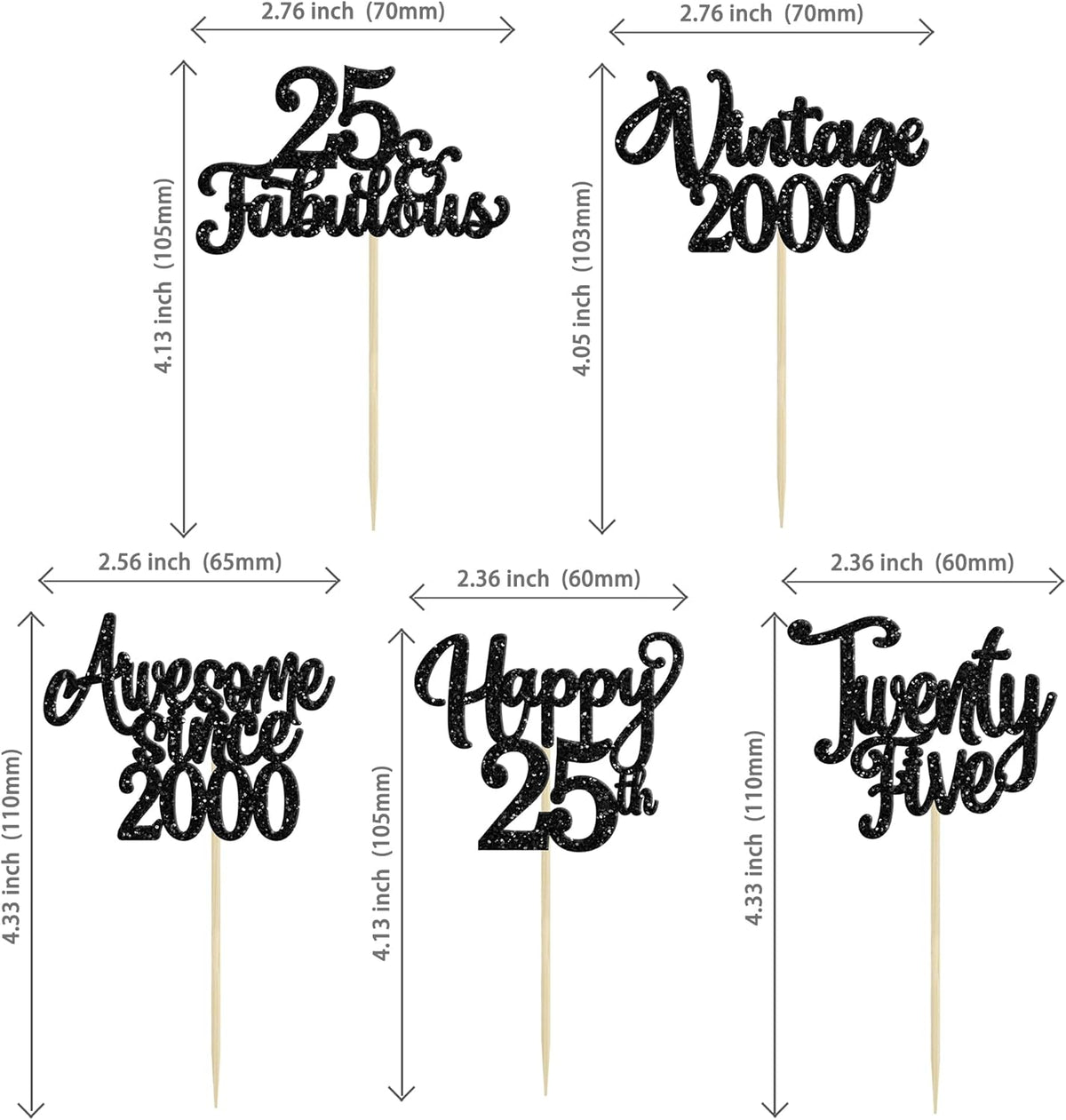 30Pcs Happy 25th Birthday Cupcake Toppers Glitter Awesome Since 2000 Twenty-Five 25 Fabulous