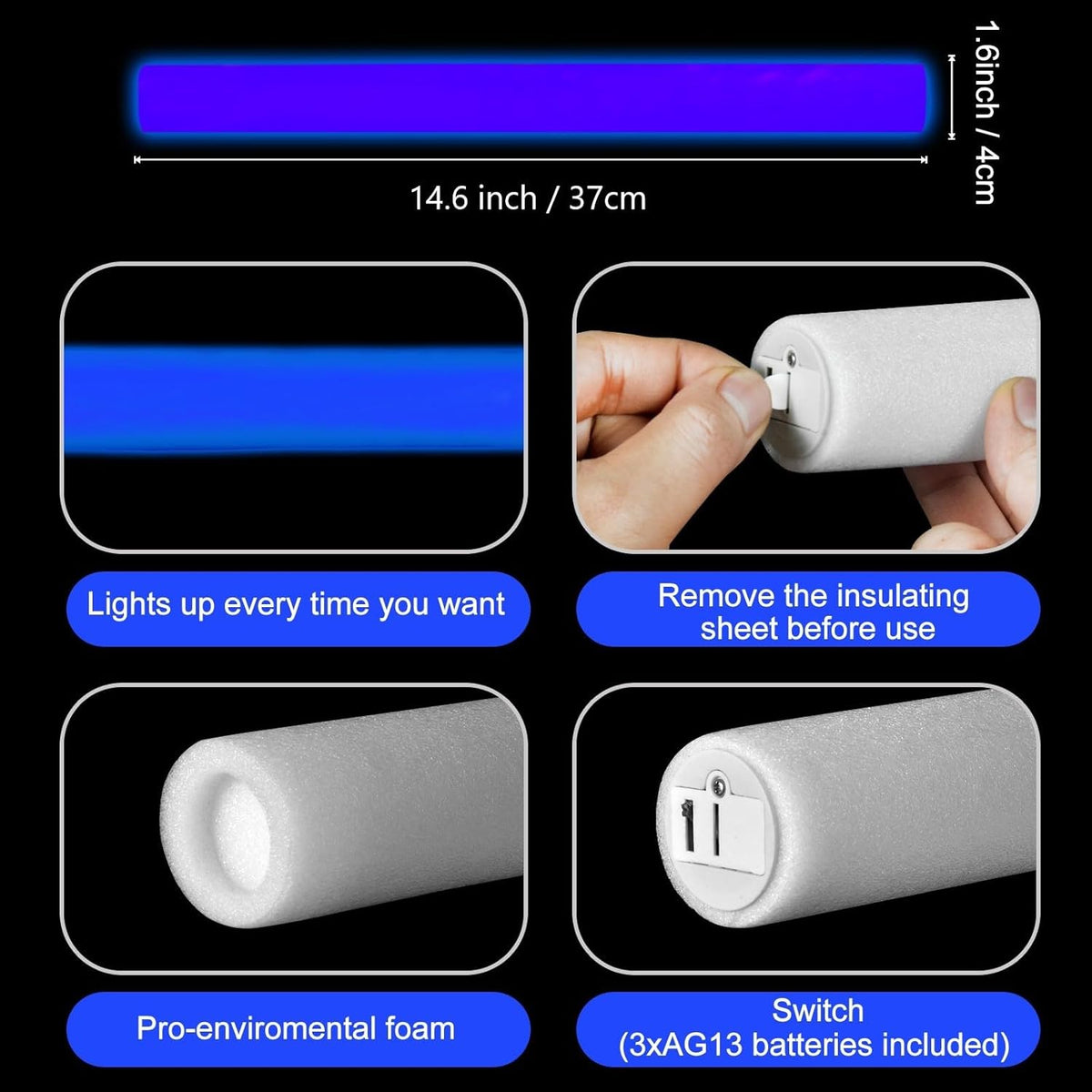 Glow Foam Sticks Bulk, 24 Pcs Blue Giant LED Light Up Sticks 3 Modes Flashing Glowing Baton Wands