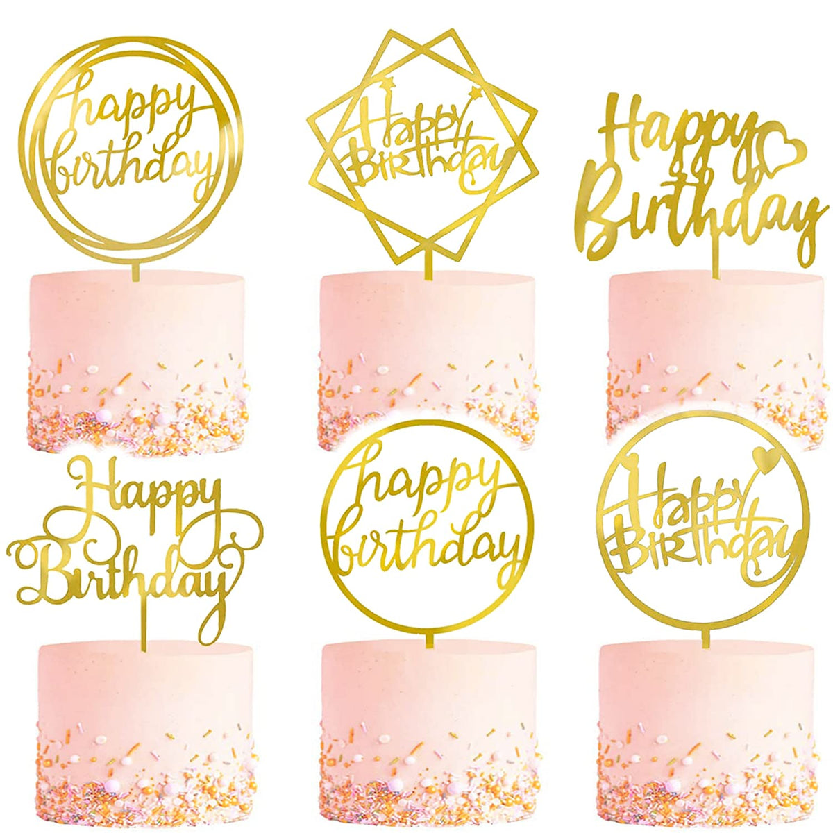 6-Pack Gold Cake Topper Set, Double-Sided Glitter, Acrylic Happy Birthday Cupcake Toppers, Birthday