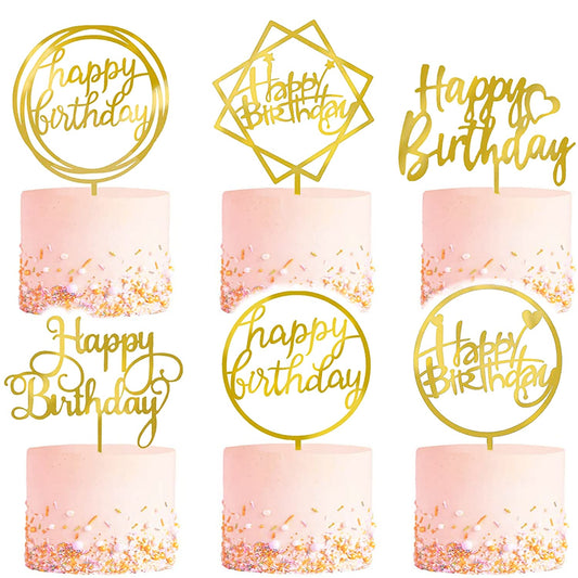 6-Pack Gold Cake Topper Set, Double-Sided Glitter, Acrylic Happy Birthday Cupcake Toppers, Birthday