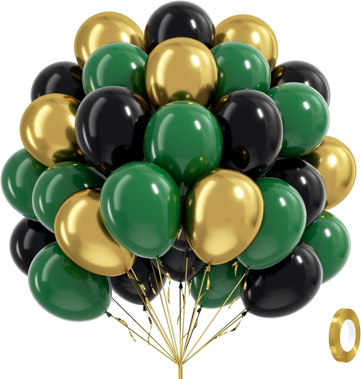 60pcs Green and Black balloons 12inch with Dark Green Metallic Gold Balloons for Jungle Safari