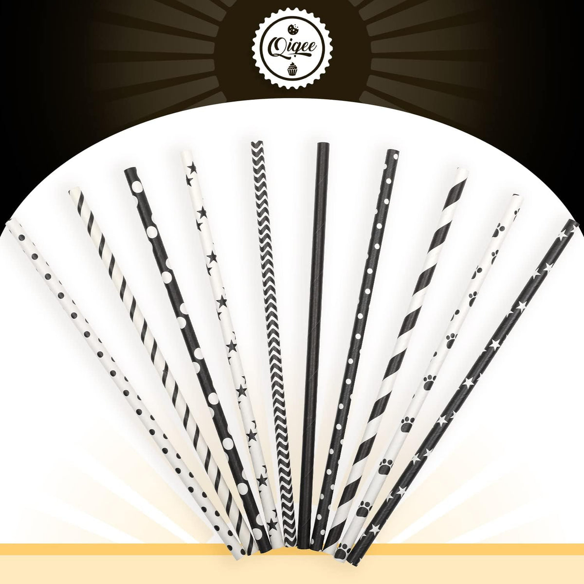 qiqee Black Paper Straws 150pcs Disposable Straws Bulk (10 Black Patterns, Biodegradable