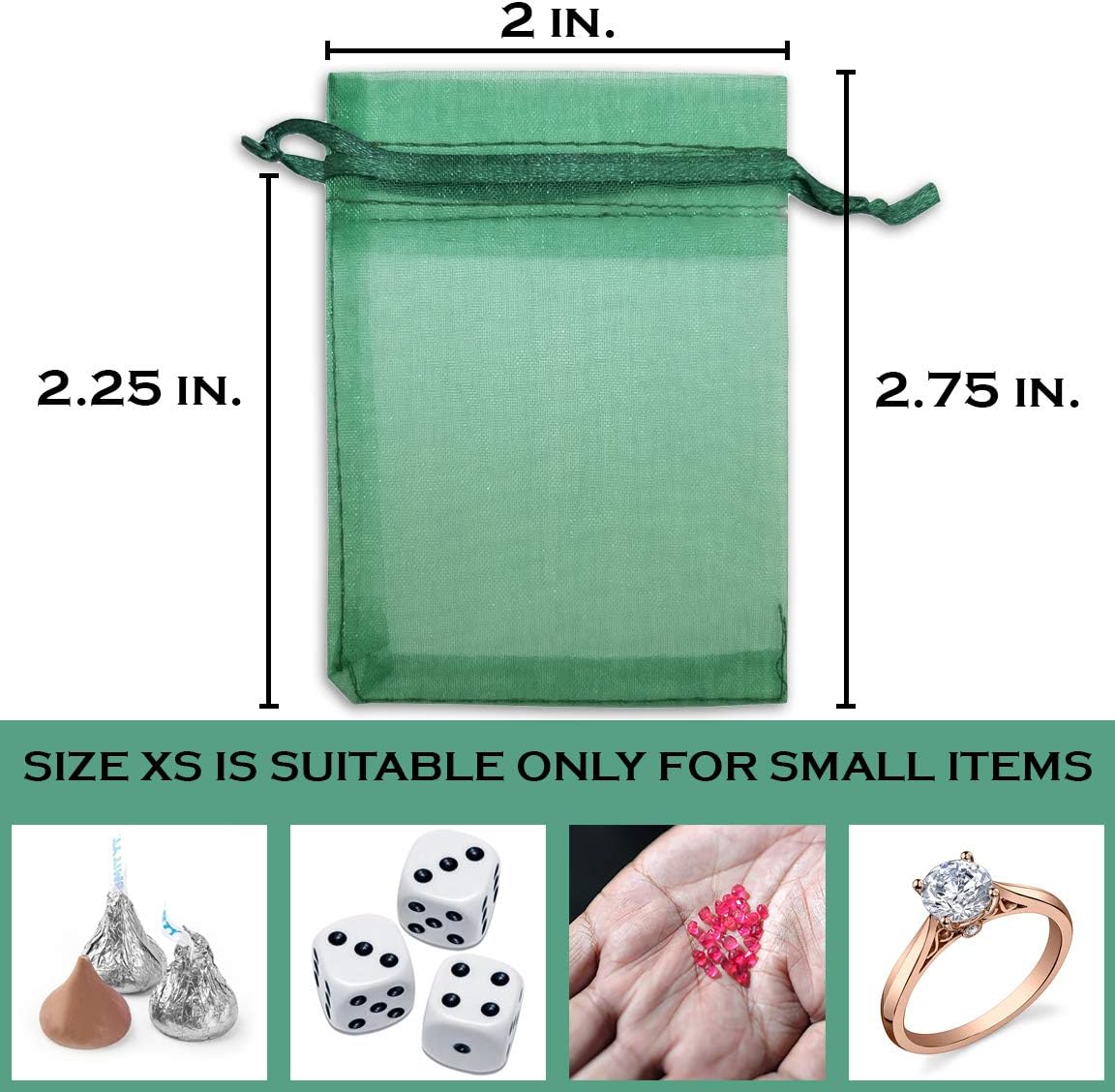 TheDisplayGuys 48-Pack 2" x 2-3/4" Dark Green Sheer Organza Gift Bags with Drawstring, Jewelry