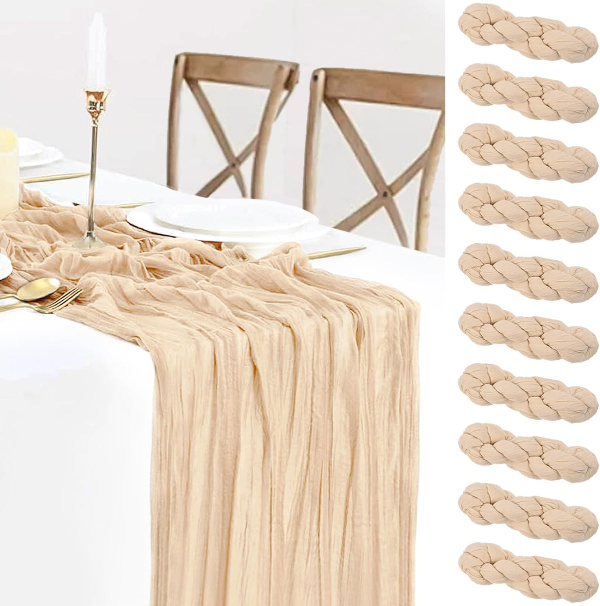 10 Pack Champagne Cheesecloth Table Runner 35x120 Inches, Fall Thanksgiving Cheese Cloth Table