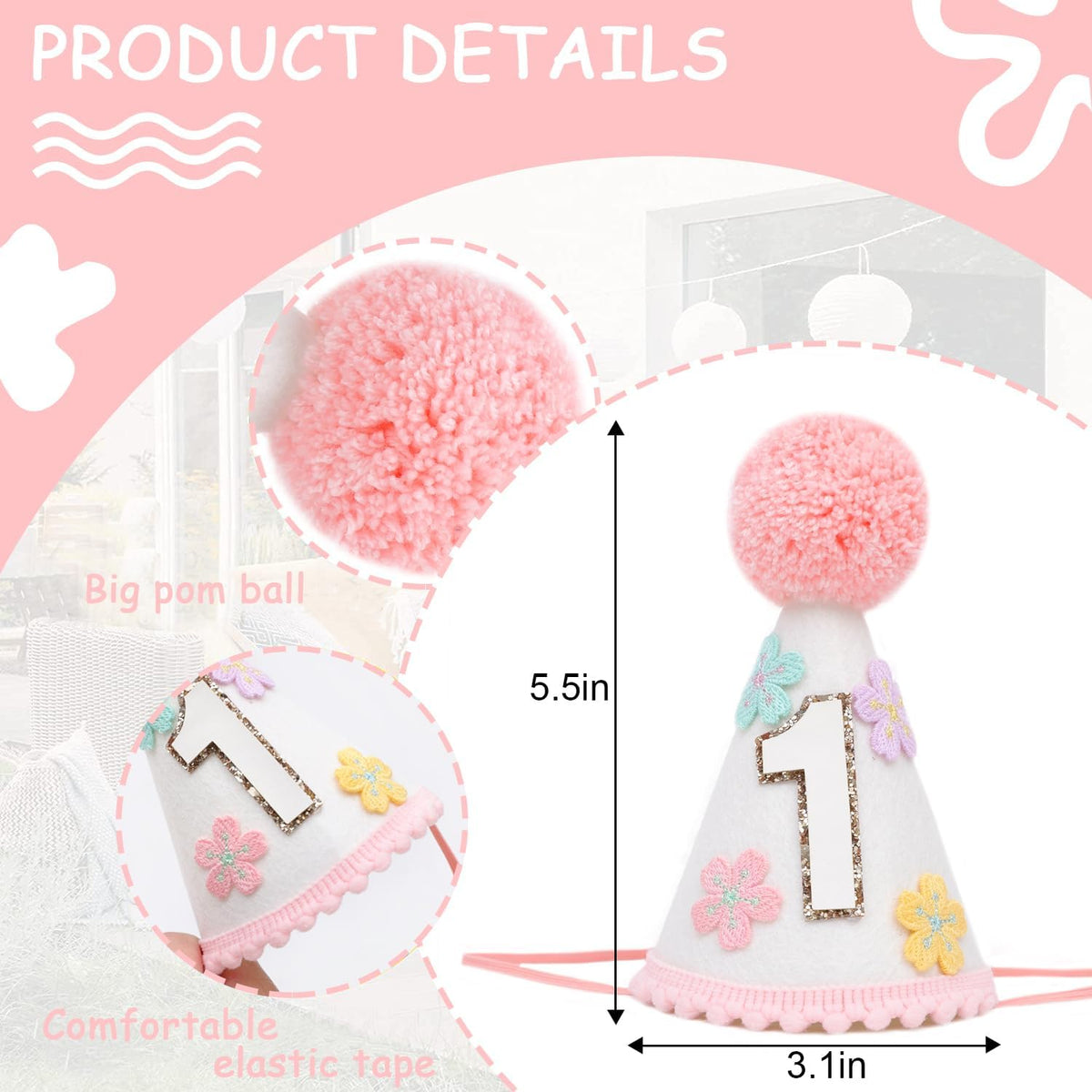 WAUAO Colorful Flower 1st Birthday Cone Hat for Girls - Cute & Adorable Floral Crown, First
